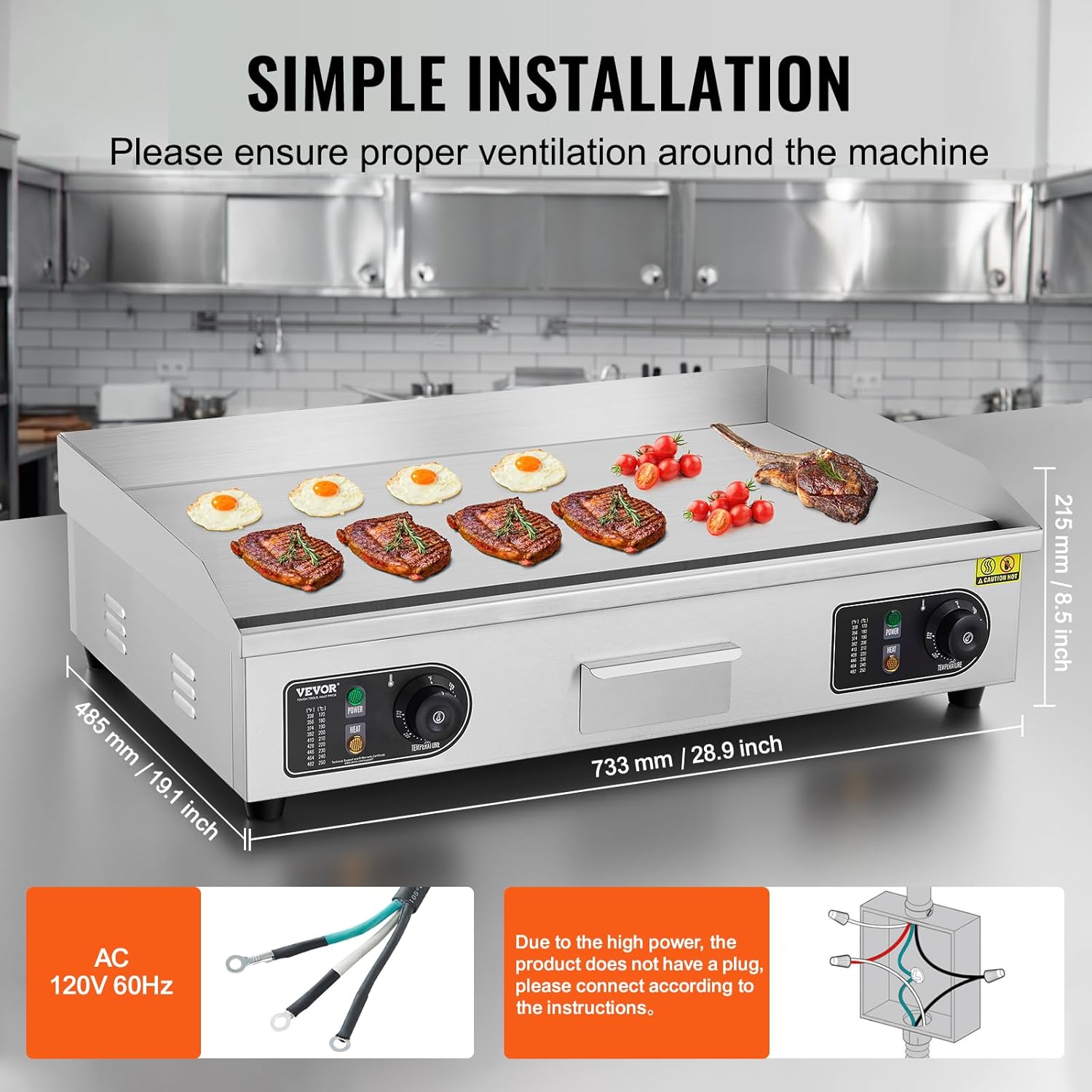 VEVOR 30 Commercial Electric Griddle 3000W Electric Countertop Griddle Non-Stick Restaurant 110V Teppanyaki Flat Top Grill Stainless Steel Adjustable Temperature Control 122°F-572°F (NO PLUG)1
