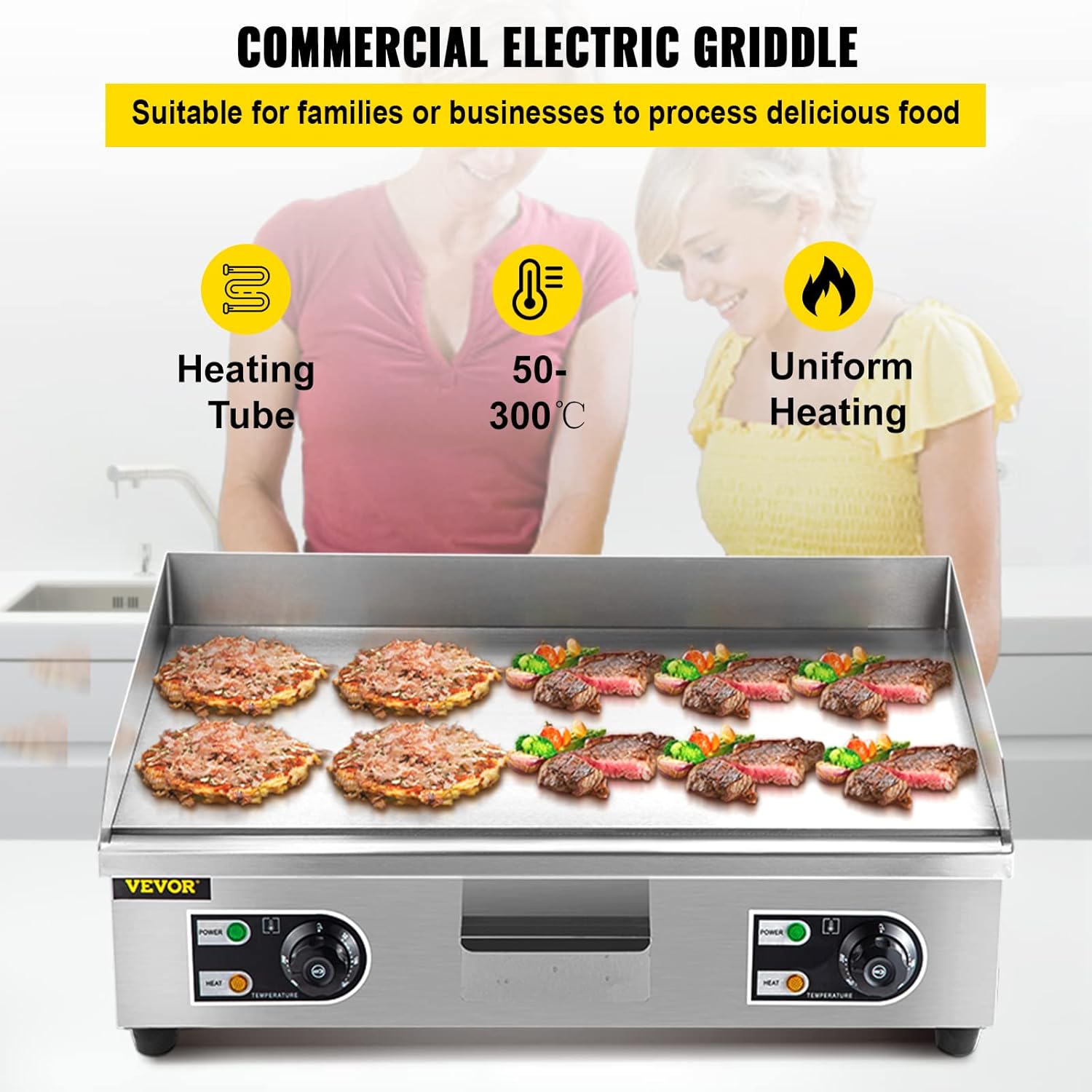 VEVOR 30 Commercial Electric Griddle 3000W Electric Countertop Griddle Non-Stick Restaurant 110V Teppanyaki Flat Top Grill Stainless Steel Adjustable Temperature Control 122°F-572°F (NO PLUG)2