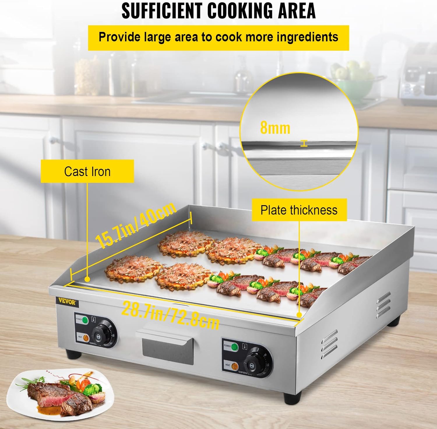 VEVOR 30 Commercial Electric Griddle 3000W Electric Countertop Griddle Non-Stick Restaurant 110V Teppanyaki Flat Top Grill Stainless Steel Adjustable Temperature Control 122°F-572°F (NO PLUG)4
