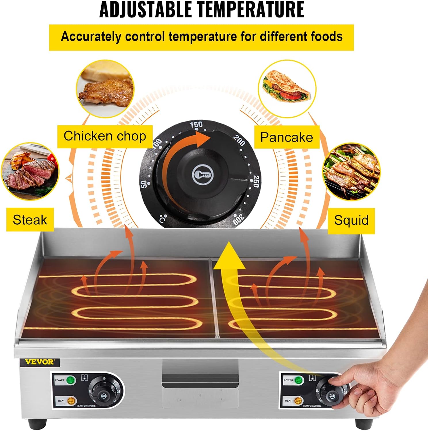 VEVOR 30 Commercial Electric Griddle 3000W Electric Countertop Griddle Non-Stick Restaurant 110V Teppanyaki Flat Top Grill Stainless Steel Adjustable Temperature Control 122°F-572°F (NO PLUG)5