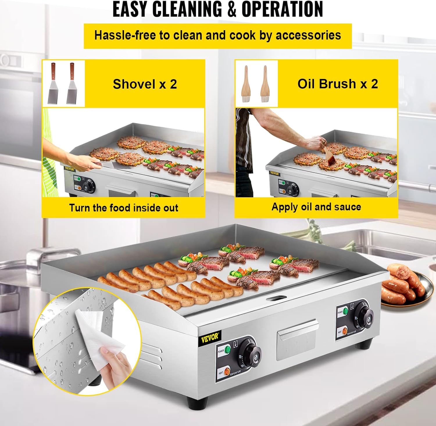 VEVOR 30 Commercial Electric Griddle 3000W Electric Countertop Griddle Non-Stick Restaurant 110V Teppanyaki Flat Top Grill Stainless Steel Adjustable Temperature Control 122°F-572°F (NO PLUG)8