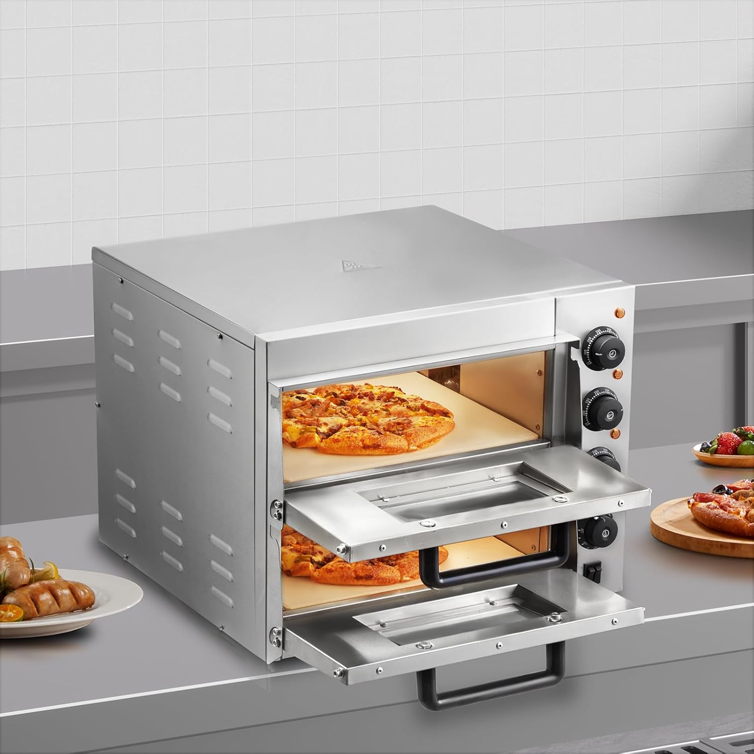 VEVOR Commercial Pizza Oven Countertop, 14 Double Deck Layer, Stainless Steel Electric Pizza Oven with Stone and Handle, Multipurpose Indoor Pizza Maker for Restaurant Home Pretzels Baked0
