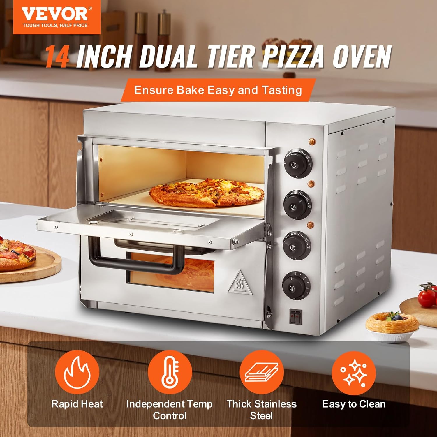 VEVOR Commercial Pizza Oven Countertop, 14 Double Deck Layer, Stainless Steel Electric Pizza Oven with Stone and Handle, Multipurpose Indoor Pizza Maker for Restaurant Home Pretzels Baked1