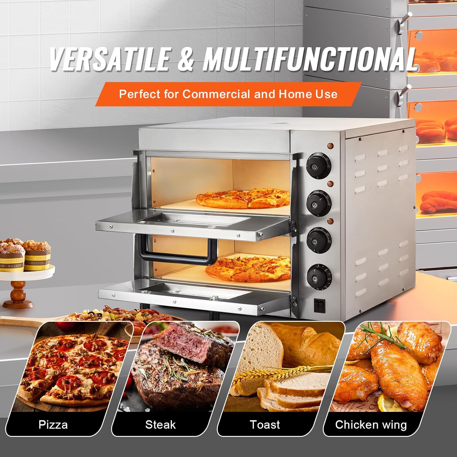 VEVOR Commercial Pizza Oven Countertop, 14 Double Deck Layer, Stainless Steel Electric Pizza Oven with Stone and Handle, Multipurpose Indoor Pizza Maker for Restaurant Home Pretzels Baked7