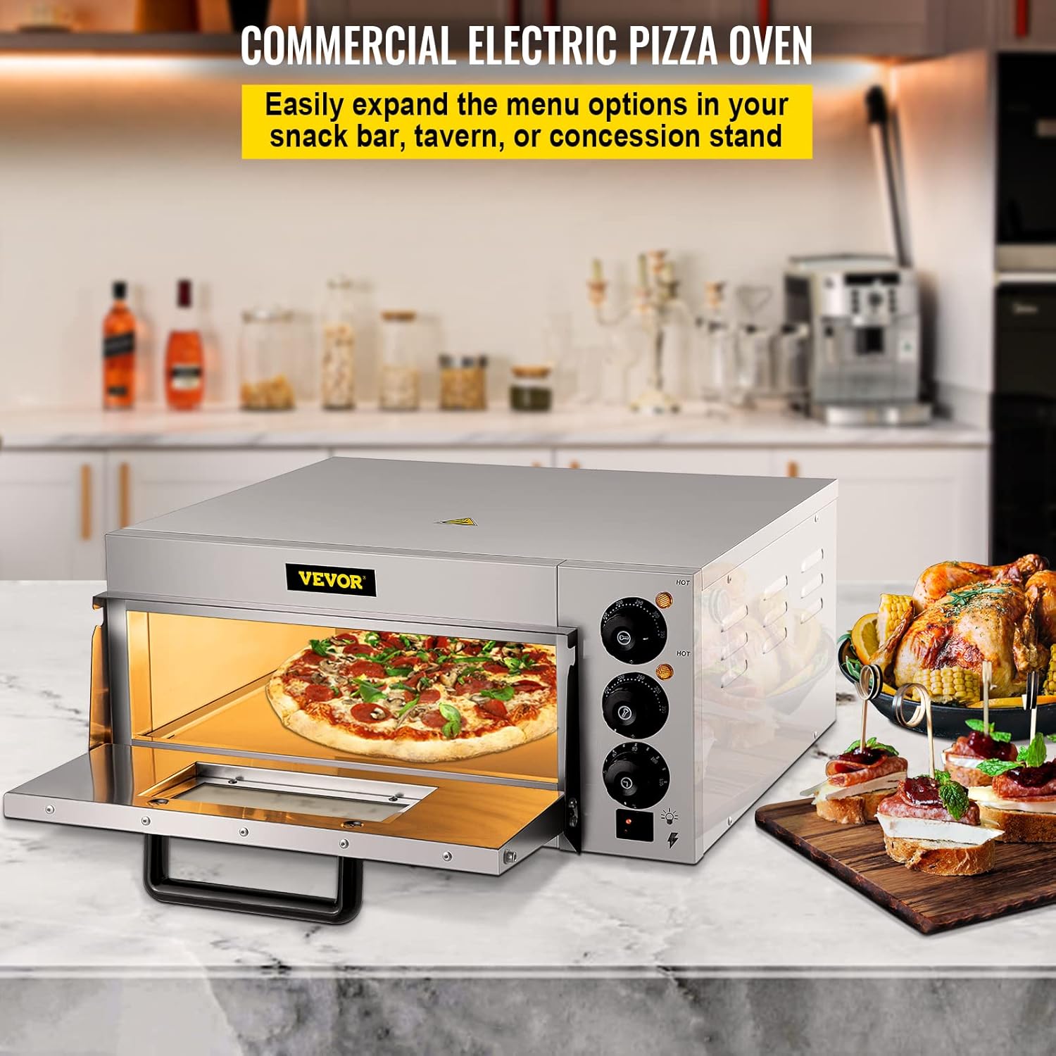 VEVOR Commercial Pizza Oven Countertop, 14 Single Deck Layer, 110V 1300W Stainless Steel Electric Pizza Oven with Stone and Shelf, Multipurpose Indoor Pizza Maker for Restaurant Home Pretzels Baked1