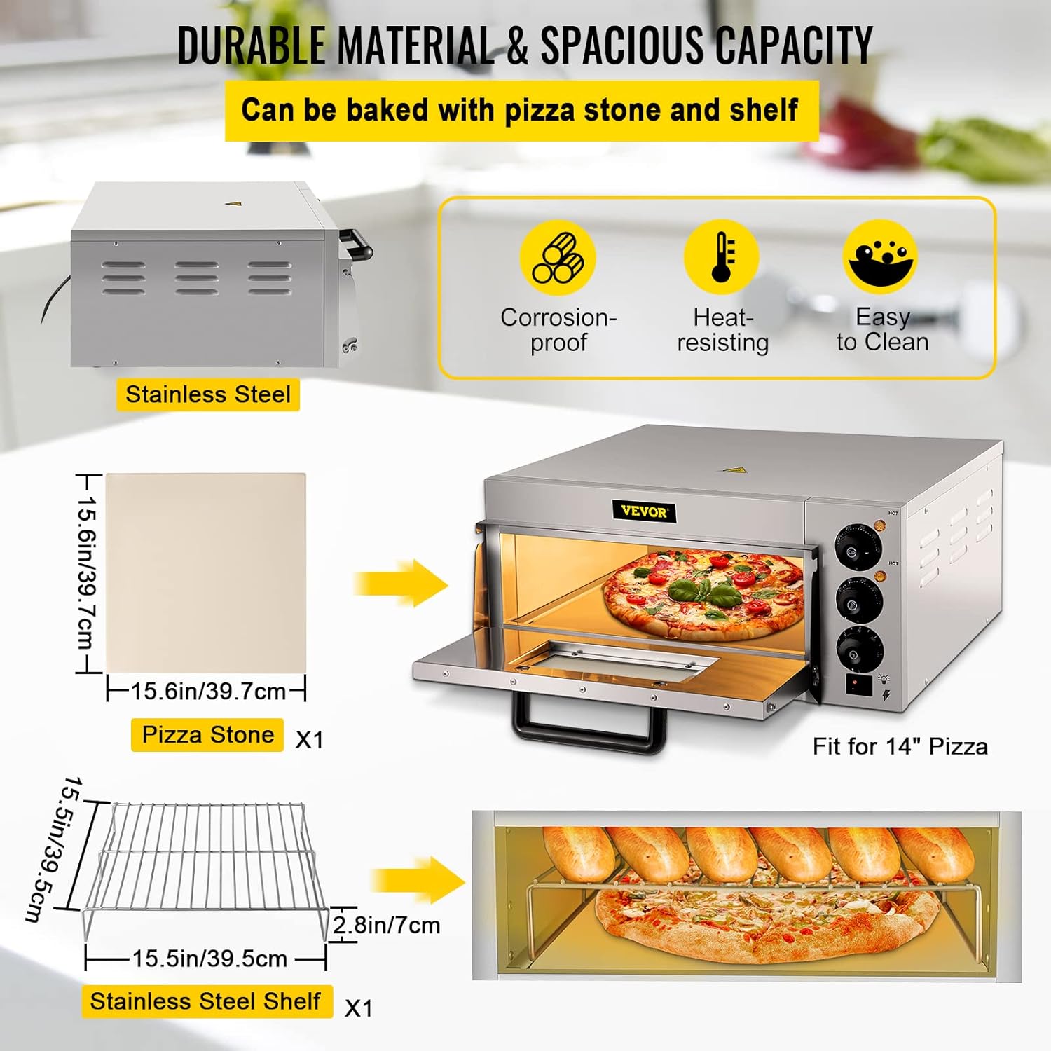 VEVOR Commercial Pizza Oven Countertop, 14 Single Deck Layer, 110V 1300W Stainless Steel Electric Pizza Oven with Stone and Shelf, Multipurpose Indoor Pizza Maker for Restaurant Home Pretzels Baked7