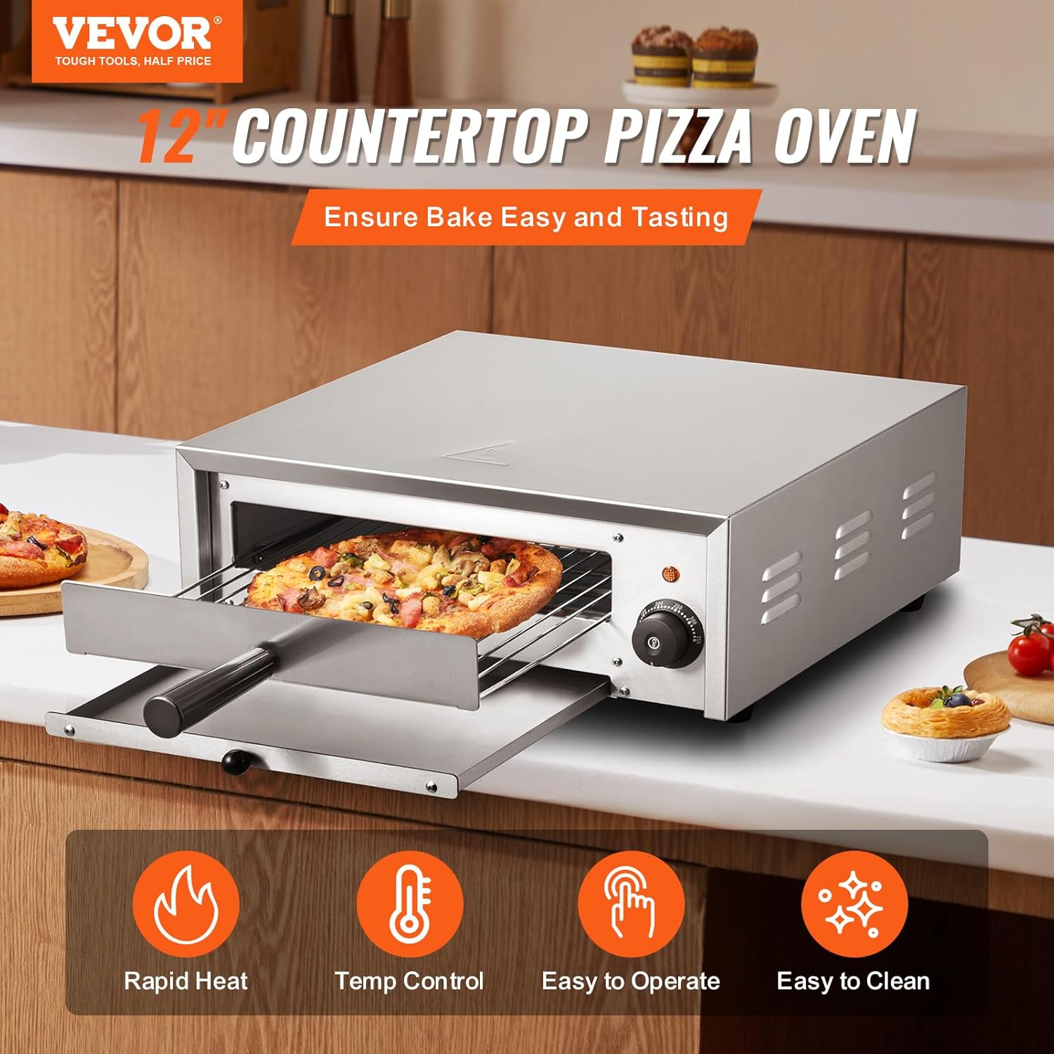 VEVOR Countertop Electric Pizza Oven, 12-inch, 1500W, 122-662℉ Temp Range, Stainless Steel Construction and Easy-to-Clean Crumb Tray, Suitable for Both Commercial and Home Use1