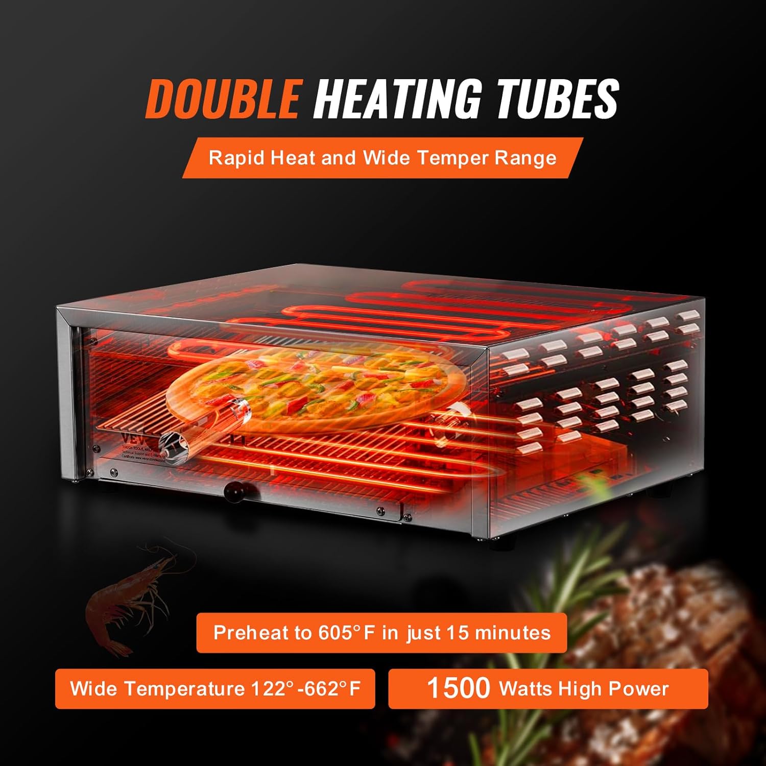 VEVOR Countertop Electric Pizza Oven, 12-inch, 1500W, 122-662℉ Temp Range, Stainless Steel Construction and Easy-to-Clean Crumb Tray, Suitable for Both Commercial and Home Use12