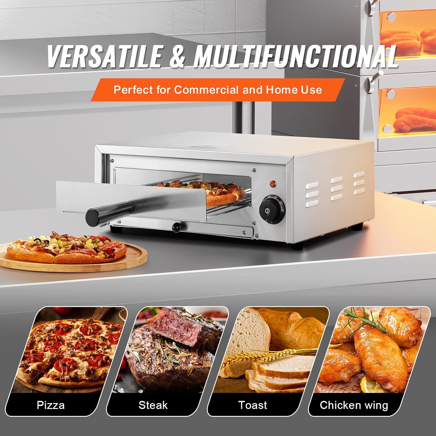 VEVOR Countertop Electric Pizza Oven, 12-inch, 1500W, 122-662℉ Temp Range, Stainless Steel Construction and Easy-to-Clean Crumb Tray, Suitable for Both Commercial and Home Use8