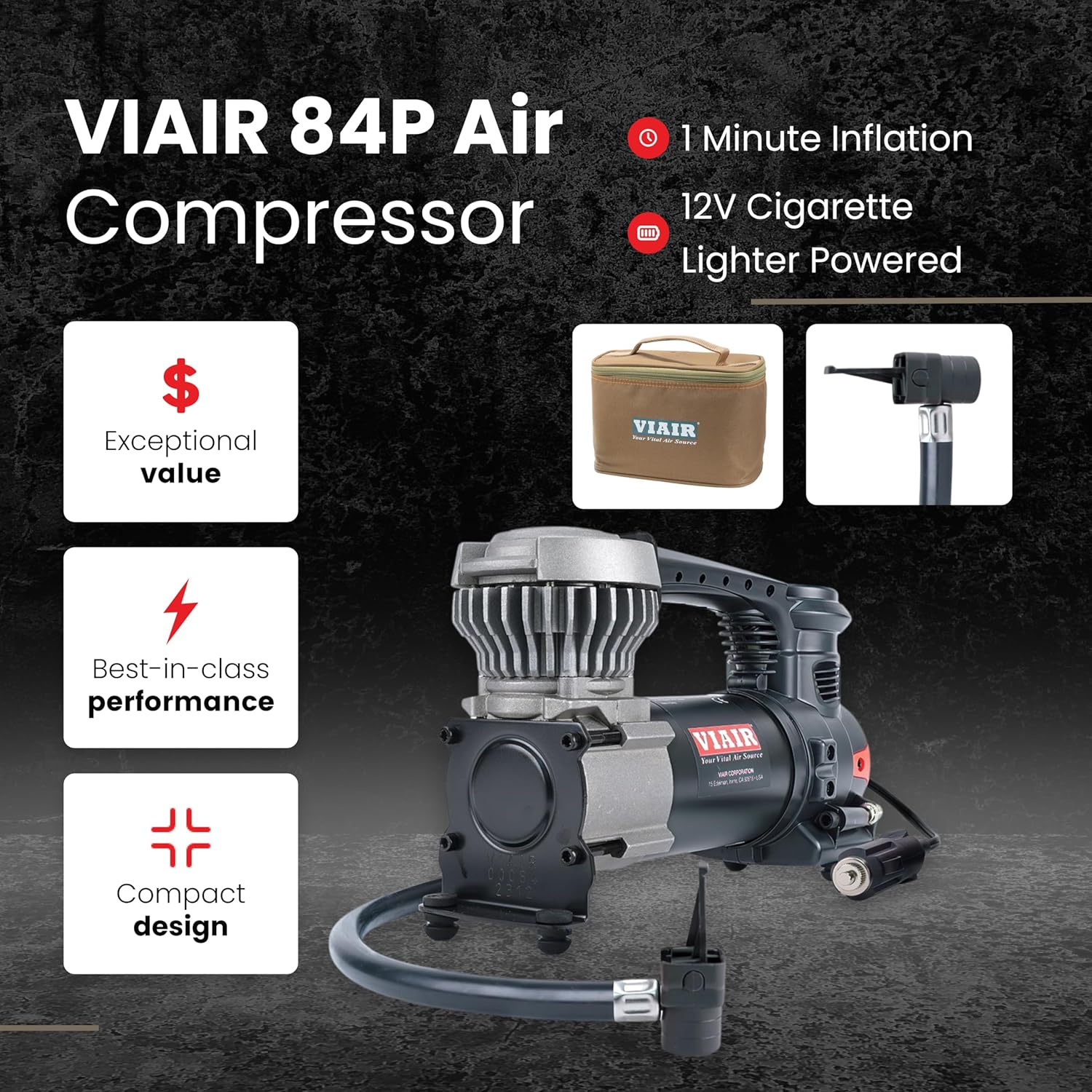 VIAIR 85P - 00085 Tire Inflator Portable Air Compressor for Car, Truck & SUV 12V On Offroad Tire Pump Air Compressor Portable Heavy Duty 60 PSI, Cigarette Plug, Twist Chuck1