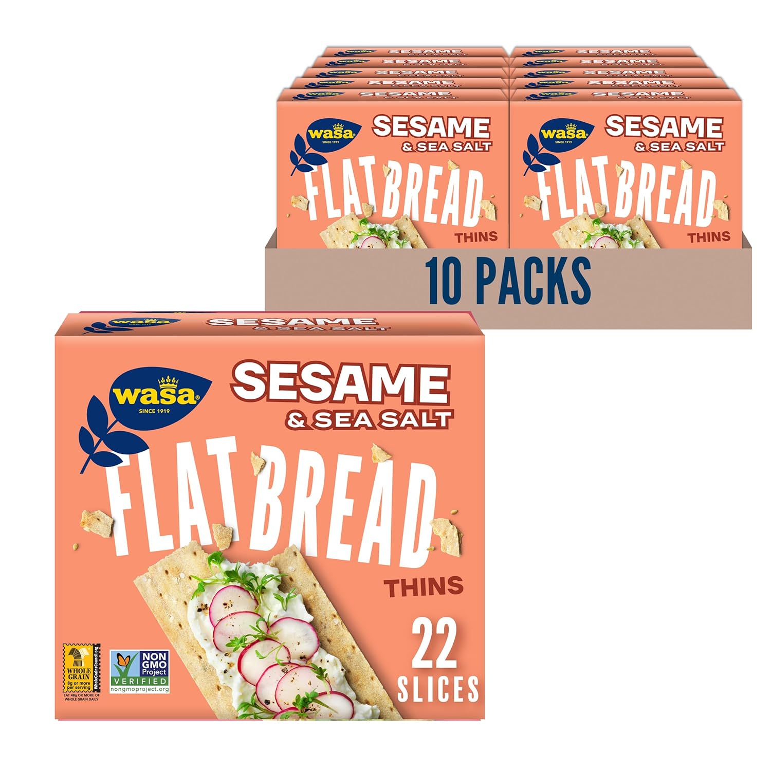 Wasa Sesame & Sea Salt Flatbread Thins, 6.7 oz (Pack of 10), Crackers, Non-GMO Ingredients Wasa Sesame & Sea Salt Flatbread Thins, 6.7 oz (Pack of 10), Crackers, Non-GMO Ingredients