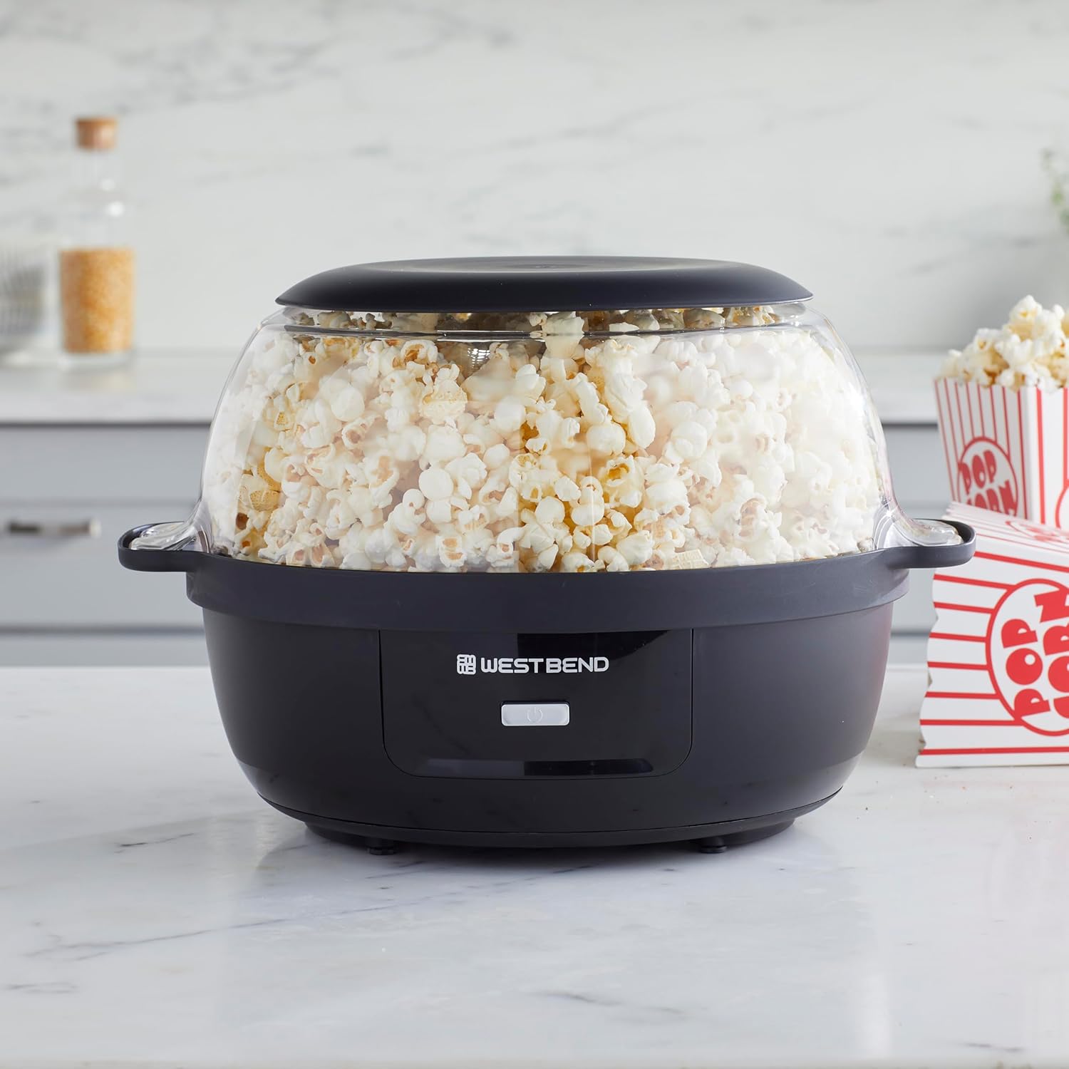 West Bend Stir Crazy Hot Oil Popcorn Popper, Popcorn Maker Machine with Large Serving Bowl Lid and Stirring Rod, 6 Qt, Black1