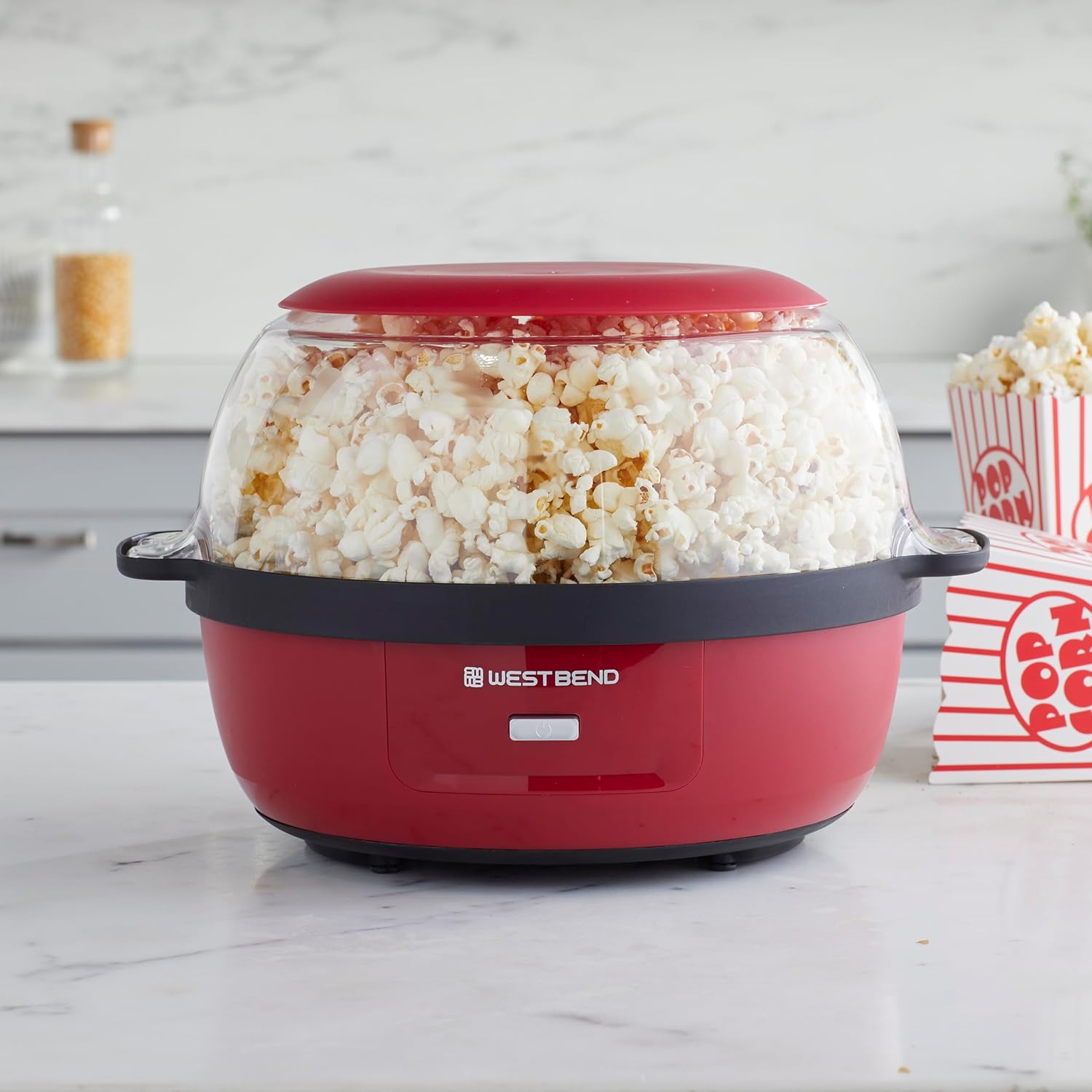 West Bend Stir Crazy Hot Oil Popcorn Popper, Popcorn Maker Machine with Large Serving Bowl Lid and Stirring Rod, 6 Qt, Red1