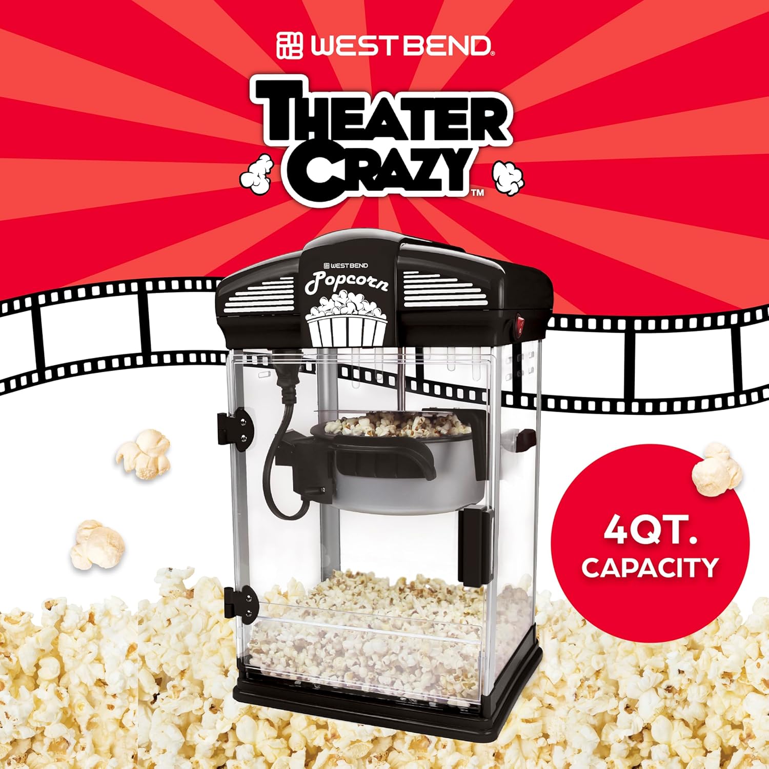 West Bend Stir Crazy Movie Theater Popcorn Popper, Gourmet Popcorn Maker Machine with Nonstick Popcorn Kettle, Measuring Tool and Popcorn Scoop for Popcorn Machine, 4 Qt., Black4
