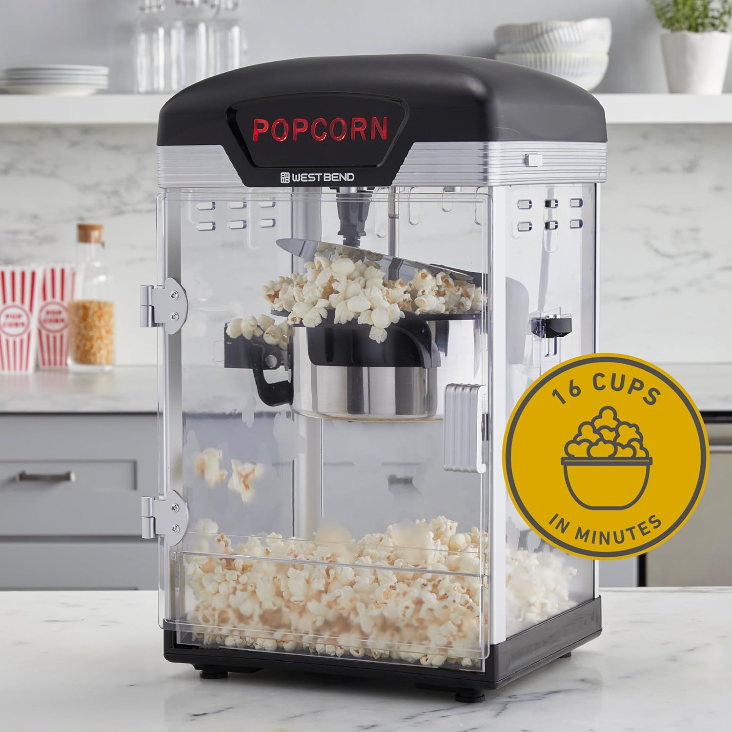 West Bend Stir Crazy Movie Theater Popcorn Popper, Gourmet Popcorn Maker Machine with Nonstick Popcorn Kettle and Popcorn Scoop for Popcorn Machine, 4 Qt., Black1