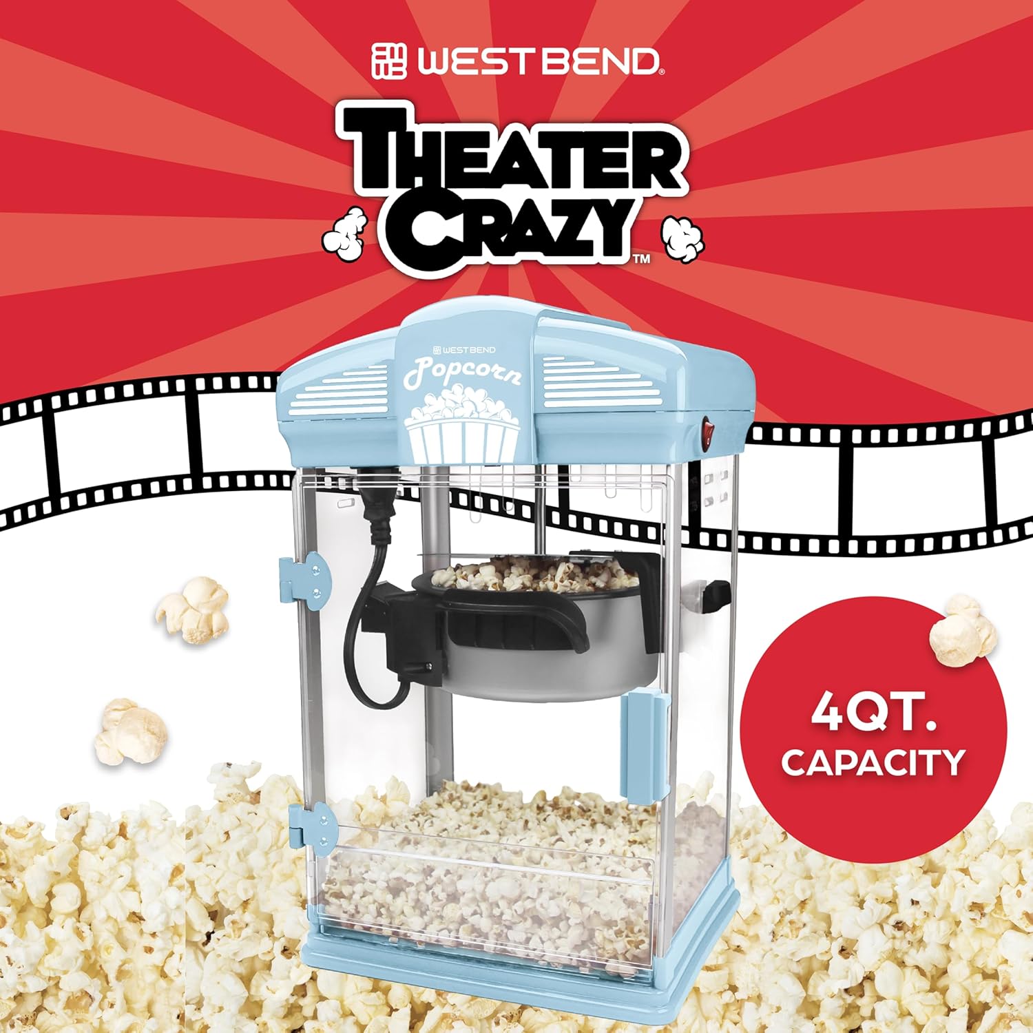 West Bend Stir Crazy Movie Theater Popcorn Popper, Gourmet Popcorn Maker with Nonstick Popcorn Kettle, Measuring Tool and Scoop , 4 Qt, Blue2