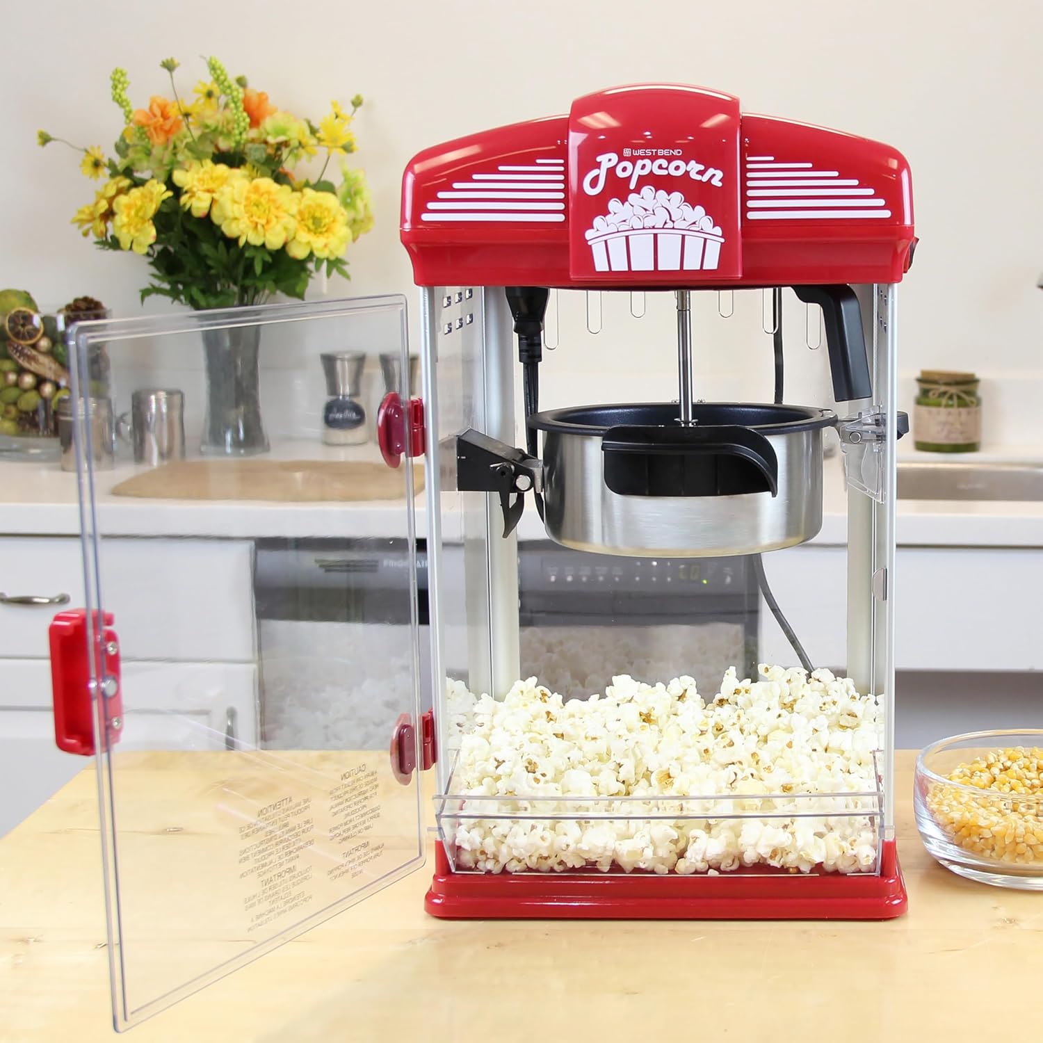 West Bend Stir Crazy Movie Theater Popcorn Popper with Nonstick Popcorn Kettle, Measuring Tool and Popcorn Scoop for Gourmet Popcorn Machine , 4 Qt., Red13
