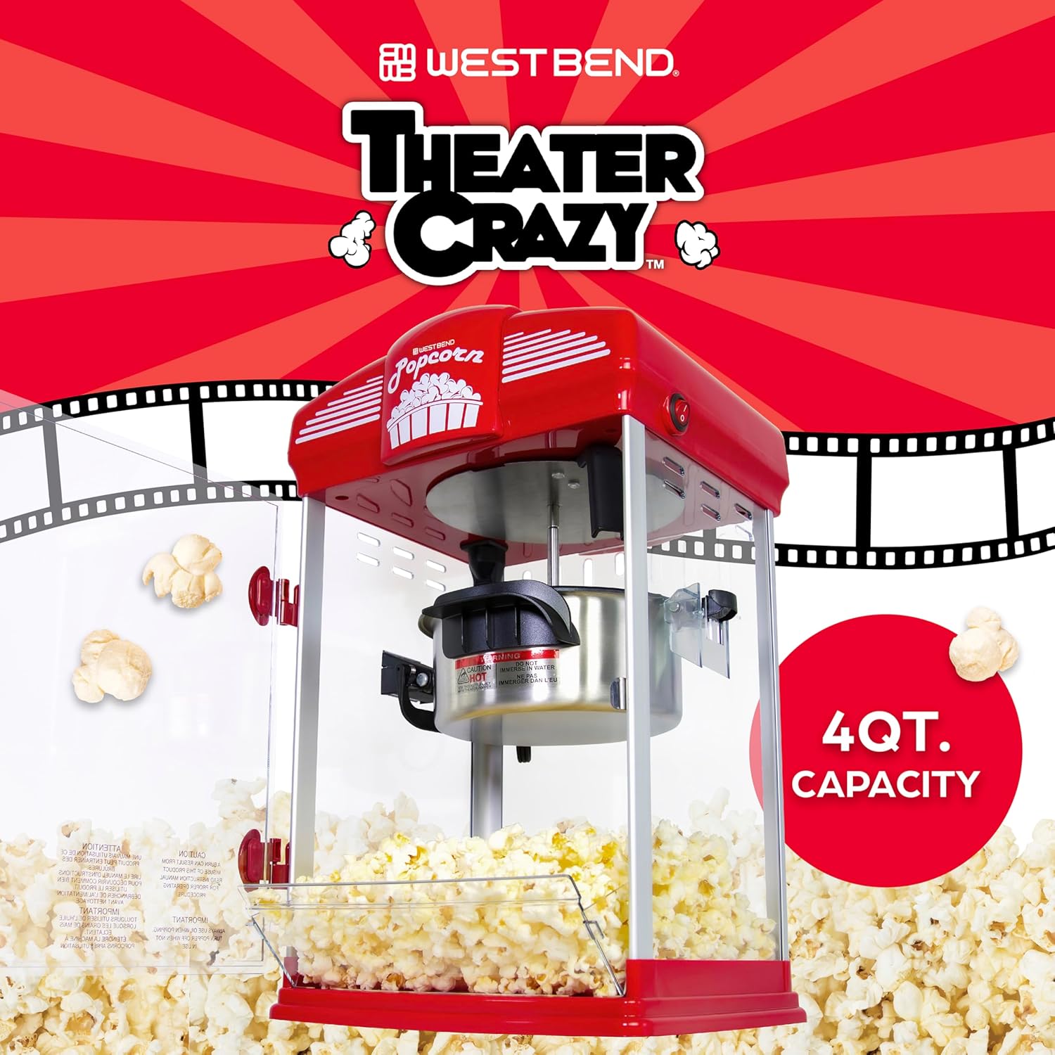 West Bend Stir Crazy Movie Theater Popcorn Popper with Nonstick Popcorn Kettle, Measuring Tool and Popcorn Scoop for Gourmet Popcorn Machine , 4 Qt., Red3