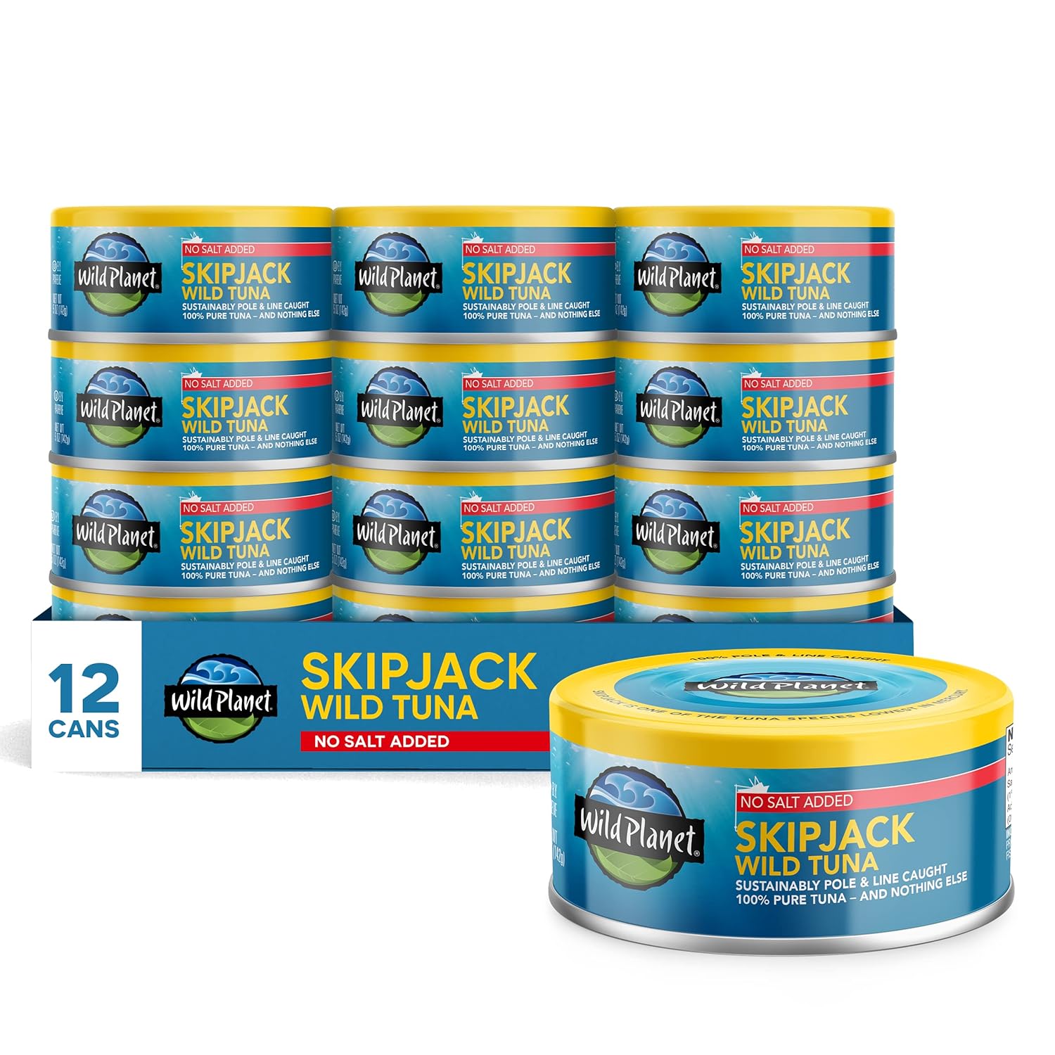 Wild Planet Skipjack Wild Tuna, No Salt Added, Canned Tuna, Sustainably Wild-Caught, Pole & Line, Non-GMO, Kosher, 5 Ounce (Pack of 12) Wild Planet Skipjack Wild Tuna, No Salt Added, Canned Tuna, Sustainably Wild-Caught, Pole & Line, Non-GMO, Kosher, 5 Ounce (Pack of 12)