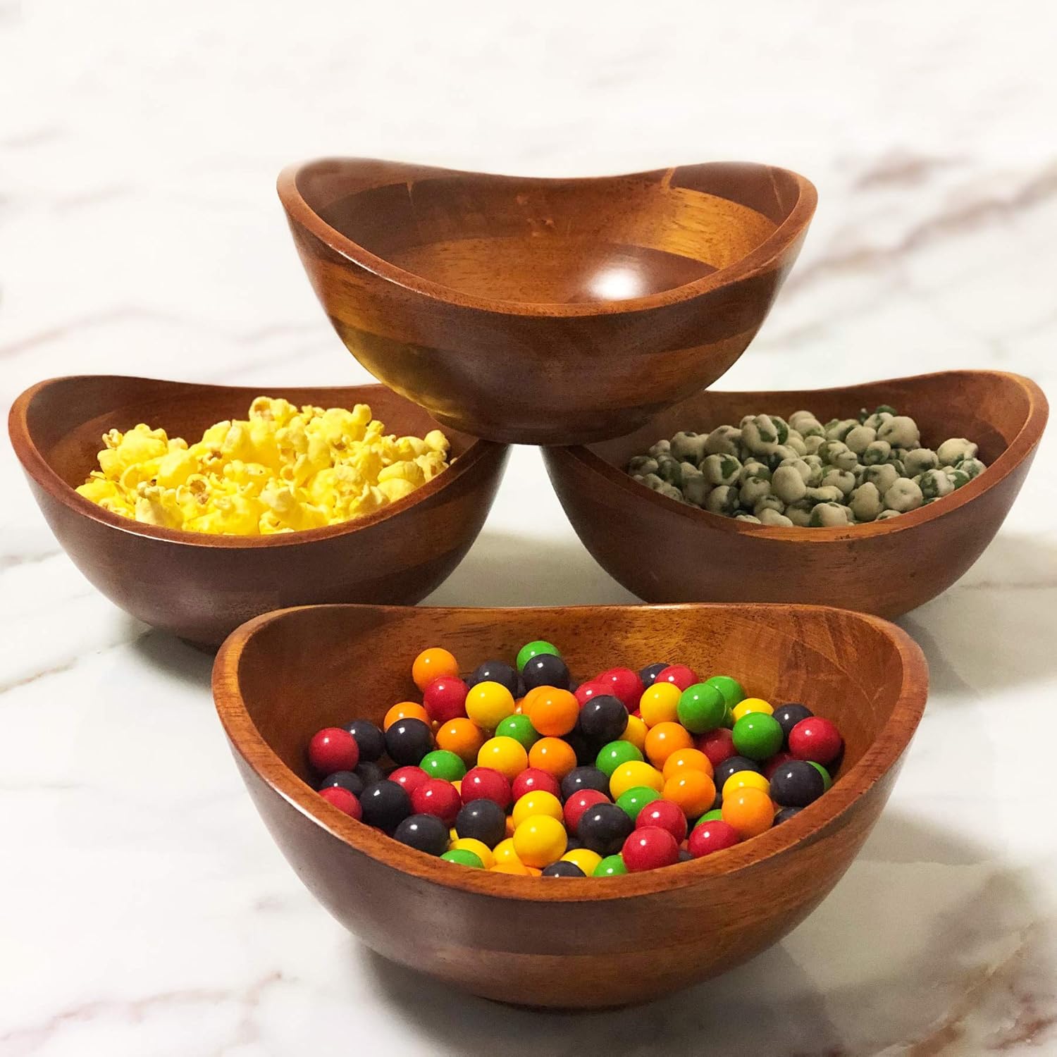 Woodard & Charles Set of 4 Individual Wood Serving Bowls for Salad, Fruit, Snacks, Nuts Candy and More, 7 x 6 1 2 x 33