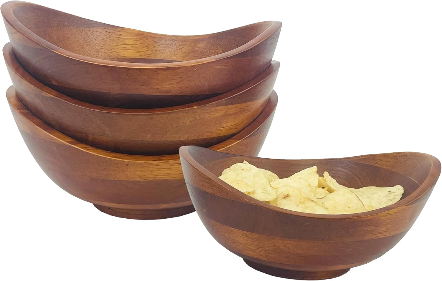 Woodard & Charles Set of 4 Individual Wood Serving Bowls for Salad, Fruit, Snacks, Nuts Candy and More, 7 x 6 1 2 x 34