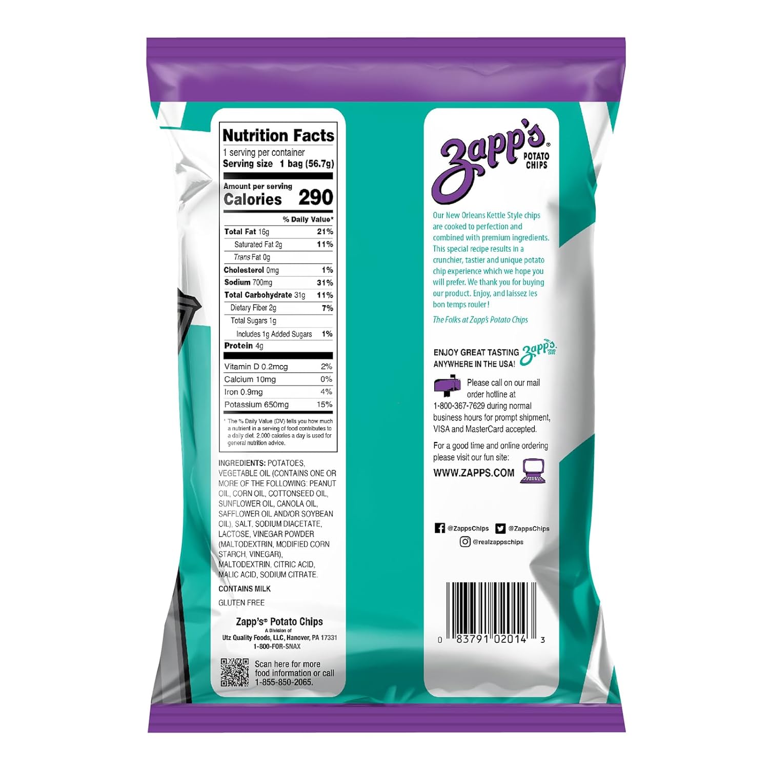 Zapp’s New Orleans Kettle-Style Potato Chips Salt and Vinegar Flavor (2 oz Bags, 25 Count), Crunchy Chips with a Spicy Kick, Perfect On-The-Go, Gluten Free Snack1