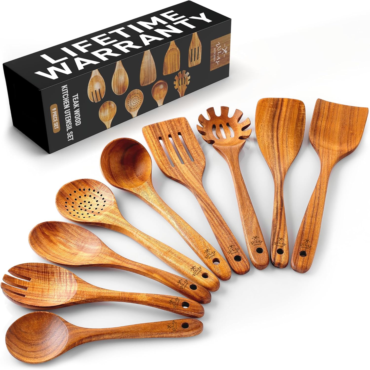Zulay Kitchen 9-Piece Teak Wooden Utensils for Cooking - Smooth Finish Natural Teak Utensil Set - Non-Stick Wooden Spoons for Cooking - Kitchen Gift Set - Comfortable Grip Wooden Utensil Set Zulay Kitchen 9-Piece Teak Wooden Utensils for Cooking - Smooth Finish Natural Teak Utensil Set - Non-Stick Wooden Spoons for Cooking - Kitchen Gift Set - Comfortable Grip Wooden Utensil Set
