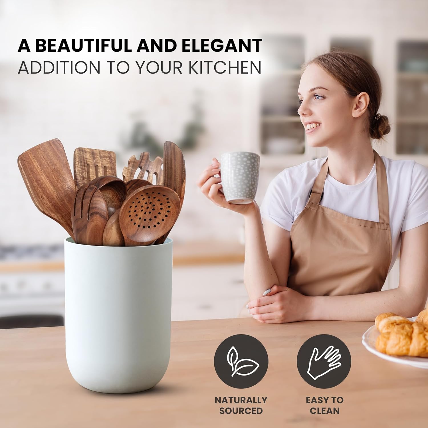 Zulay Kitchen 9-Piece Teak Wooden Utensils for Cooking - Smooth Finish Natural Teak Utensil Set - Non-Stick Wooden Spoons for Cooking - Kitchen Gift Set - Comfortable Grip Wooden Utensil Set0