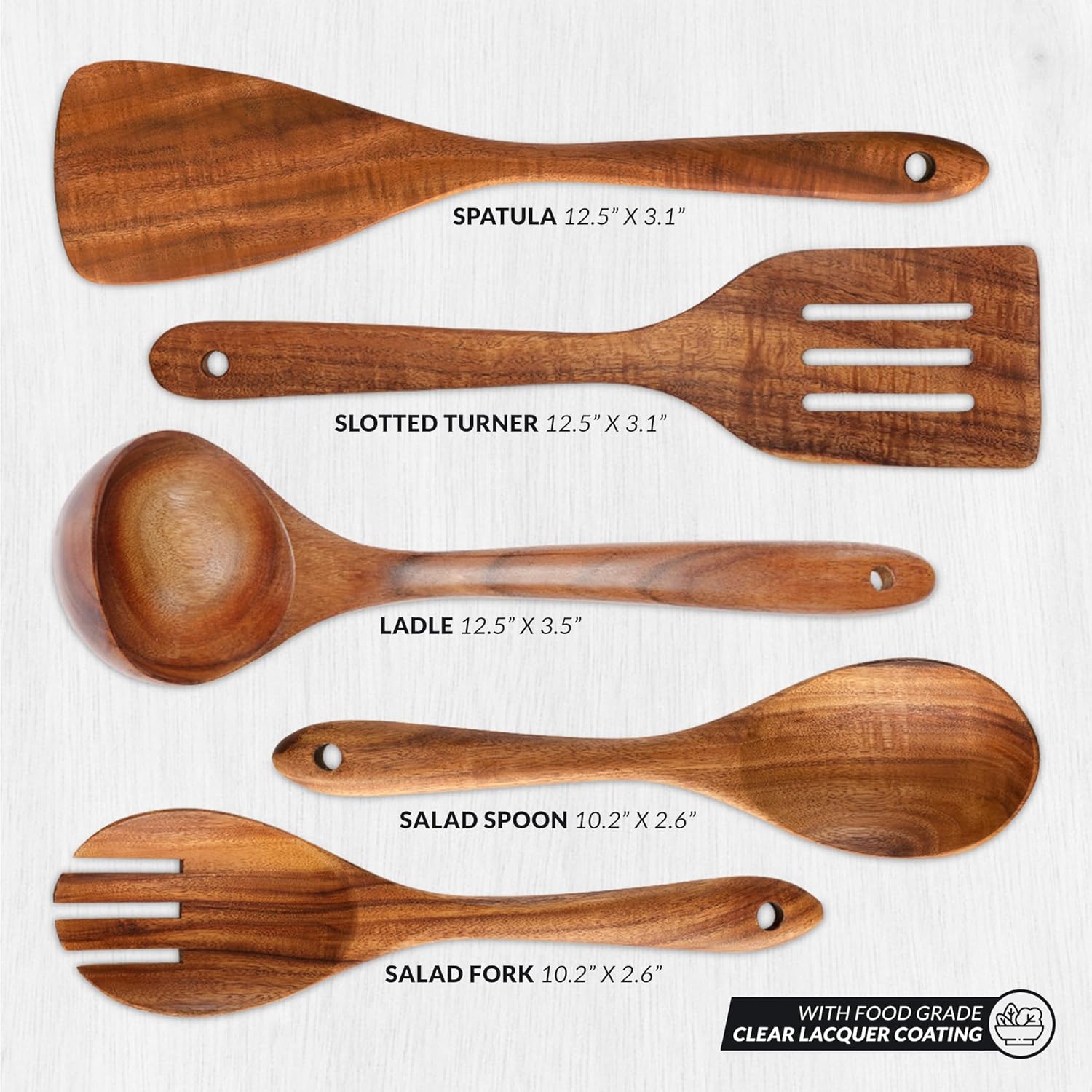 Zulay Kitchen Extra-Large 5-Piece Wooden Spoon Set for Cooking - Smooth Teak Wooden Utensils - Comfort-Grip Non-Stick Wooden Cooking Spoons - Large Wooden Turner, Spatula, Skimmer, Fork, Serving Spoon 5