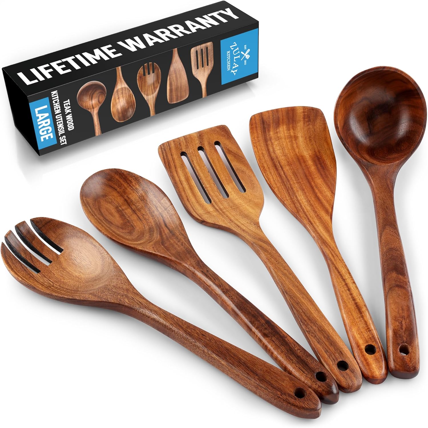 Zulay Kitchen Extra-Large 5-Piece Wooden Spoon Set for Cooking - Smooth Teak Wooden Utensils - Comfort-Grip Non-Stick Wooden Cooking Spoons - Large Wooden Turner, Spatula, Skimmer, Fork, Serving Spoon Zulay Kitchen Extra-Large 5-Piece Wooden Spoon Set for Cooking - Smooth Teak Wooden Utensils - Comfort-Grip Non-Stick Wooden Cooking Spoons - Large Wooden Turner, Spatula, Skimmer, Fork, Serving Spoon