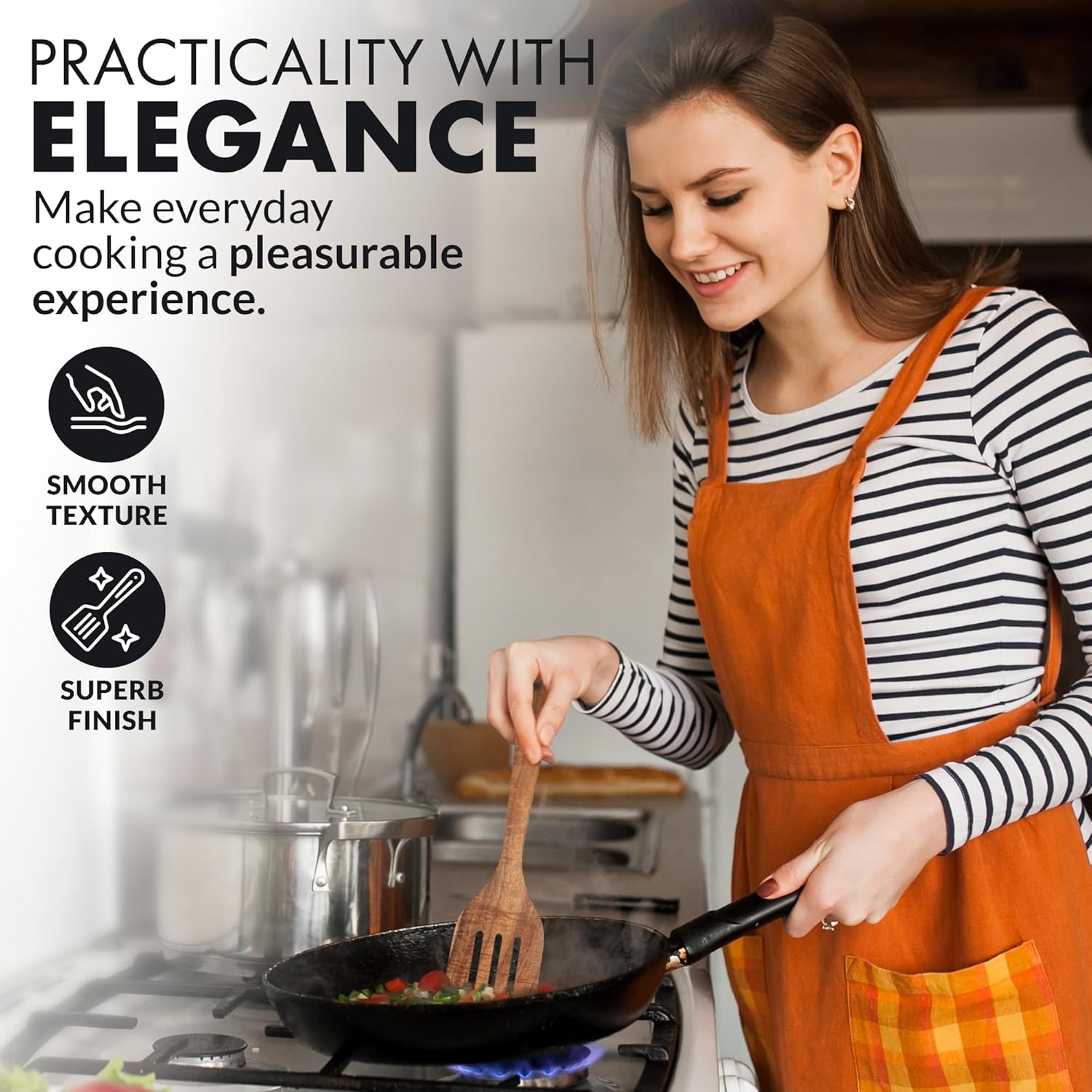 Zulay Kitchen Extra-Large 5-Piece Wooden Spoon Set for Cooking - Smooth Teak Wooden Utensils - Comfort-Grip Non-Stick Wooden Cooking Spoons - Large Wooden Turner, Spatula, Skimmer, Fork, Serving Spoon0