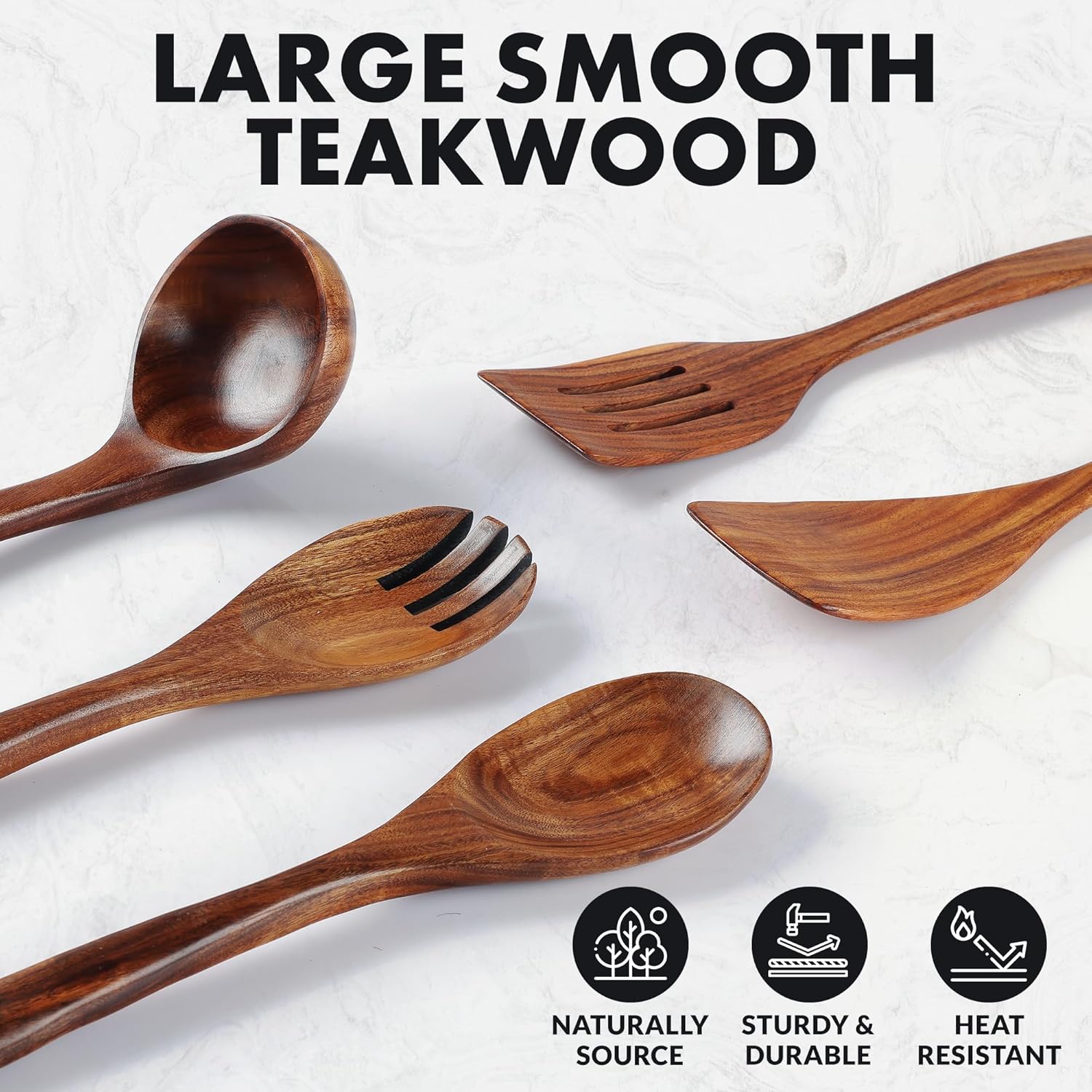 Zulay Kitchen Extra-Large 5-Piece Wooden Spoon Set for Cooking - Smooth Teak Wooden Utensils - Comfort-Grip Non-Stick Wooden Cooking Spoons - Large Wooden Turner, Spatula, Skimmer, Fork, Serving Spoon1