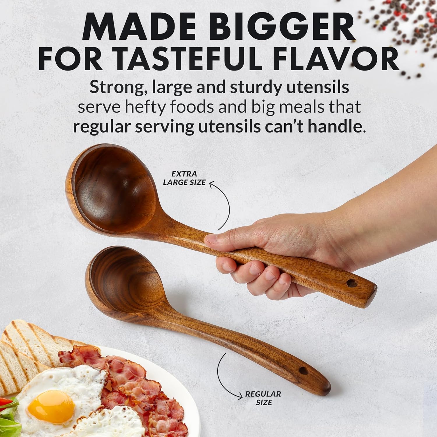 Zulay Kitchen Extra-Large 5-Piece Wooden Spoon Set for Cooking - Smooth Teak Wooden Utensils - Comfort-Grip Non-Stick Wooden Cooking Spoons - Large Wooden Turner, Spatula, Skimmer, Fork, Serving Spoon3