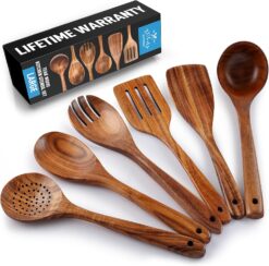 Zulay Kitchen Extra-Large 6-Piece Wooden Spoon Set for Cooking - Smooth Teak Wooden Utensils - Comfort-Grip Non-Stick Wooden Cooking Spoons - Large Wooden Turner, Spatula, Skimmer, Fork, Serving Spoon