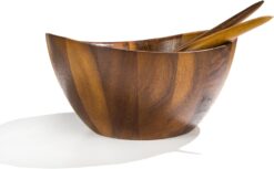 nambe Gourmet Harmony 3 Piece Wooden Salad Bowl Set | Big 12-Inch Salad Bowl with Serving Utensils | Acacia Wood Salad Tosser and Fruit Bowl | Housewarming Gift | Designed by Wei Young