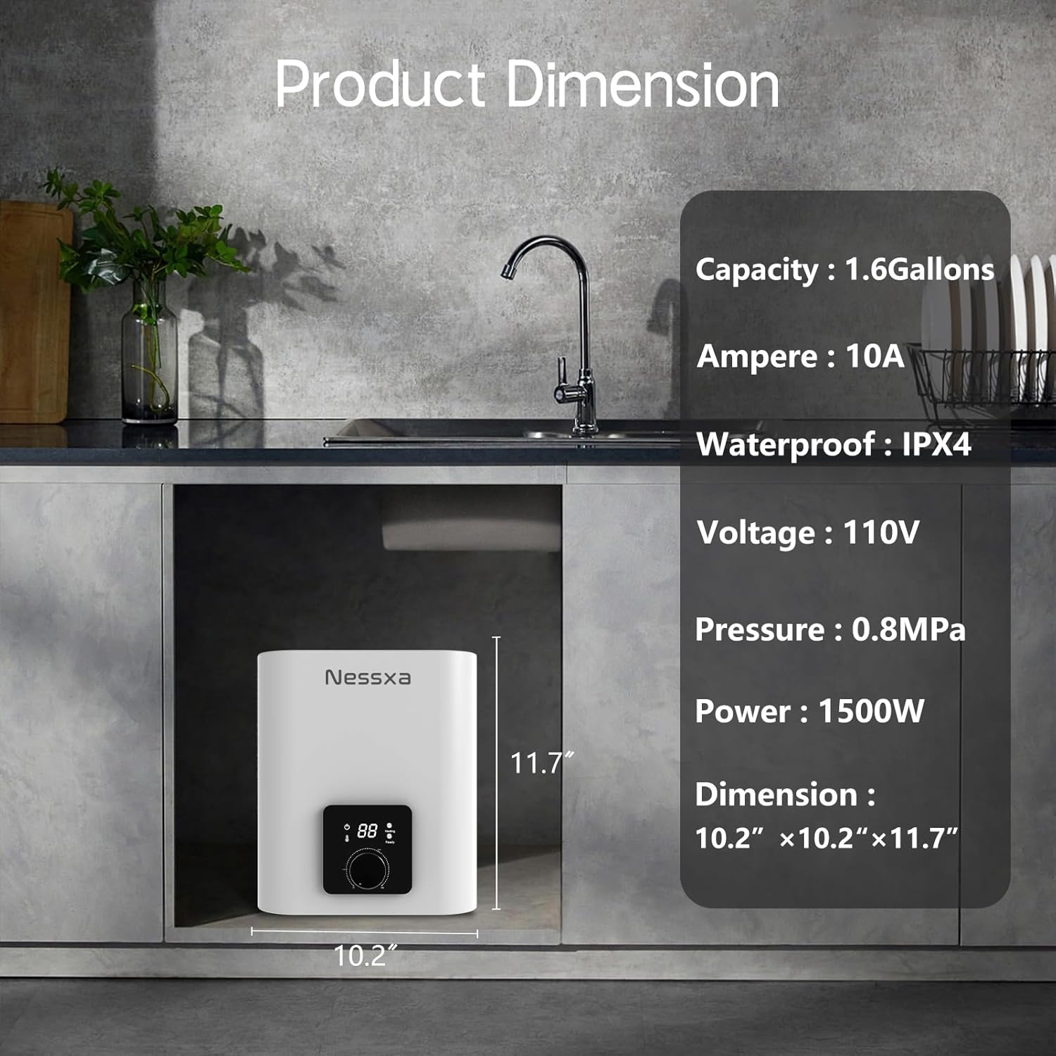 1.6 Gallon Electric Mini Tank Water Heater, 110V 1500W Instant Hot Water Heater, Compact Electric Storage Water Heater, Point of Use On Demand Under Sink Water Heater for Home Kichen Bathroom3