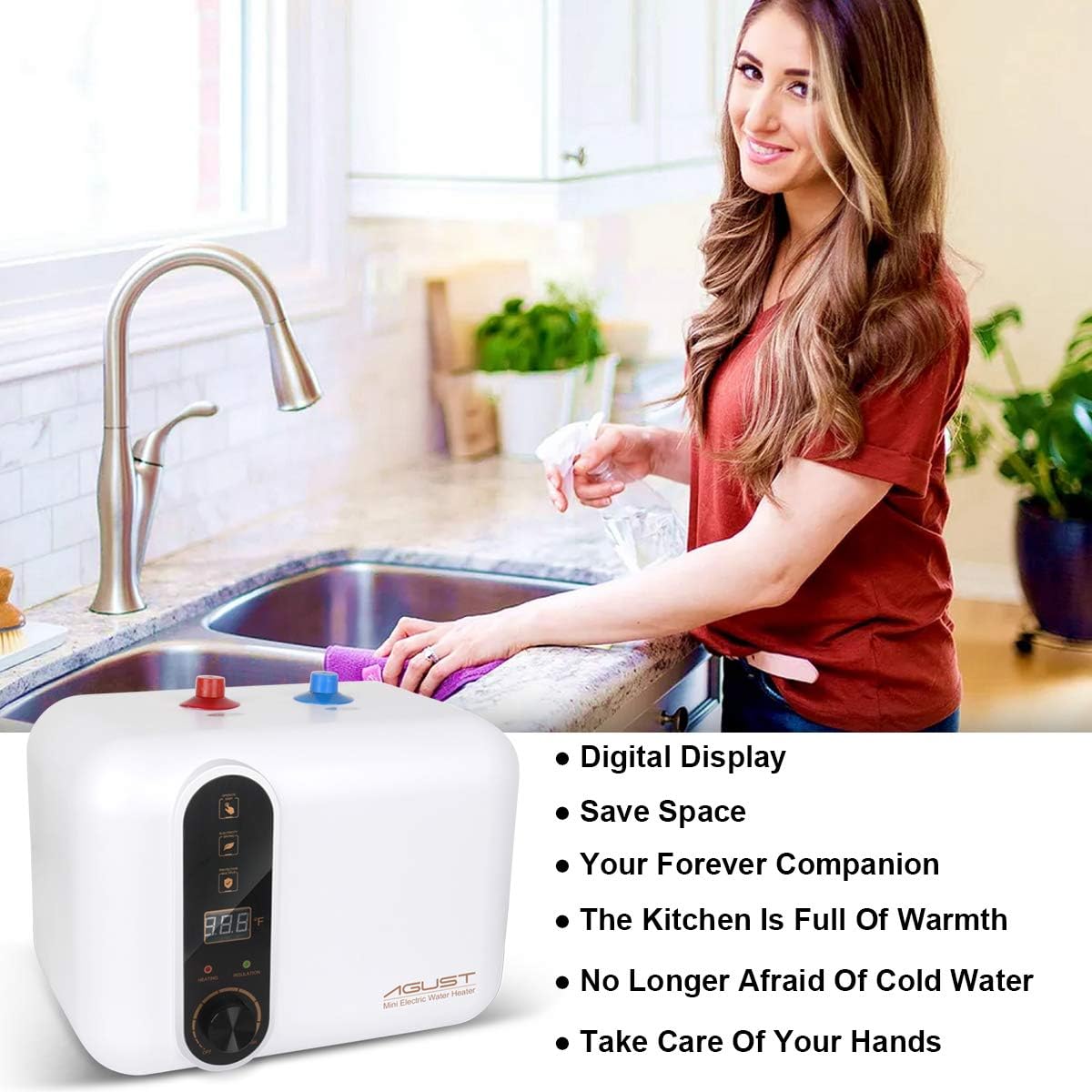 110V-120V 1.5Kw Instant Electric Hot Water Heater Under Kitchen Small Tank 2.5-3.0 Gallon Storage,Rv Trailer Instant Counter Compact Point-of-Use,2 PCs 16 Long 1 2 FIP Stainless Steel Water Hose 11L0