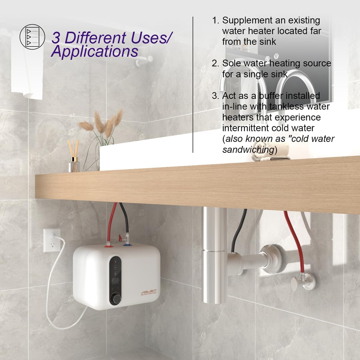 110V-120V 1.5Kw Instant Electric Hot Water Heater Under Kitchen Small Tank 2.5-3.0 Gallon Storage,Rv Trailer Instant Counter Compact Point-of-Use,2 PCs 16 Long 1 2 FIP Stainless Steel Water Hose 11L5