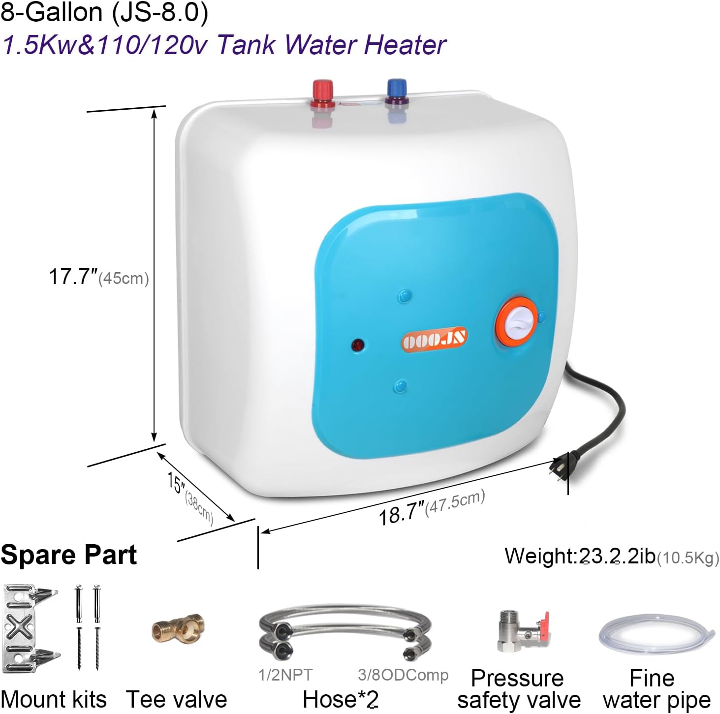 110V-120V 1440-1500W Instant Electric Hot Water Heater Under Kitchen Small Tank 8.0 Gallon Storage,Rv Trailer Instant Fiberglass Compact Point-of-Use,2 PCs 16 Long 1 2 FIP Stainless Steel Hose 30L0