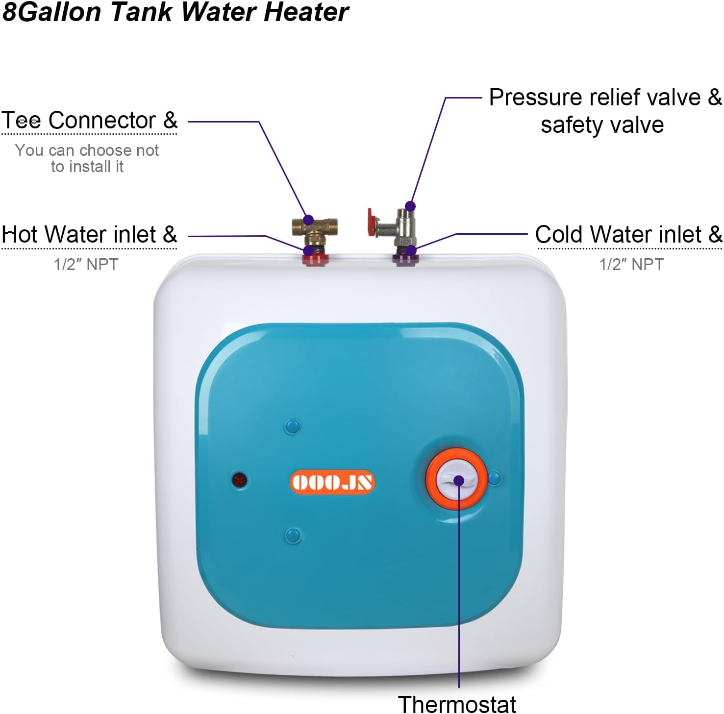 110V-120V 1440-1500W Instant Electric Hot Water Heater Under Kitchen Small Tank 8.0 Gallon Storage,Rv Trailer Instant Fiberglass Compact Point-of-Use,2 PCs 16 Long 1 2 FIP Stainless Steel Hose 30L1