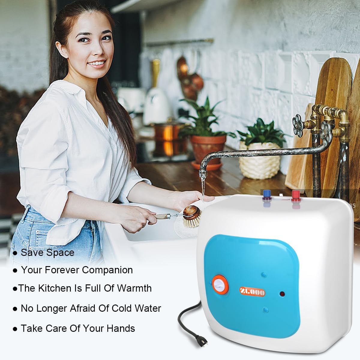 110V-120V 1440-1500W Instant Electric Hot Water Heater Under Kitchen Small Tank 8.0 Gallon Storage,Rv Trailer Instant Fiberglass Compact Point-of-Use,2 PCs 16 Long 1 2 FIP Stainless Steel Hose 30L4