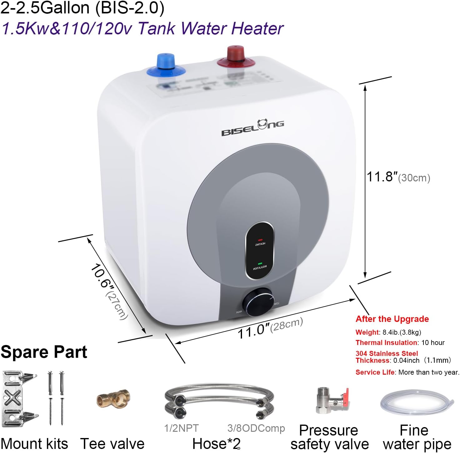 110V-120V 1440-1500W Small Under Sink Tank 2.5 Gallon Water Heater Hot Storage,Mini Instant Electric RV TR Trailer Kitchen Compact,Food Truck 2 PCs 16 Long 1 2 FIP Stainless Steel Hose (BI-2.5)2