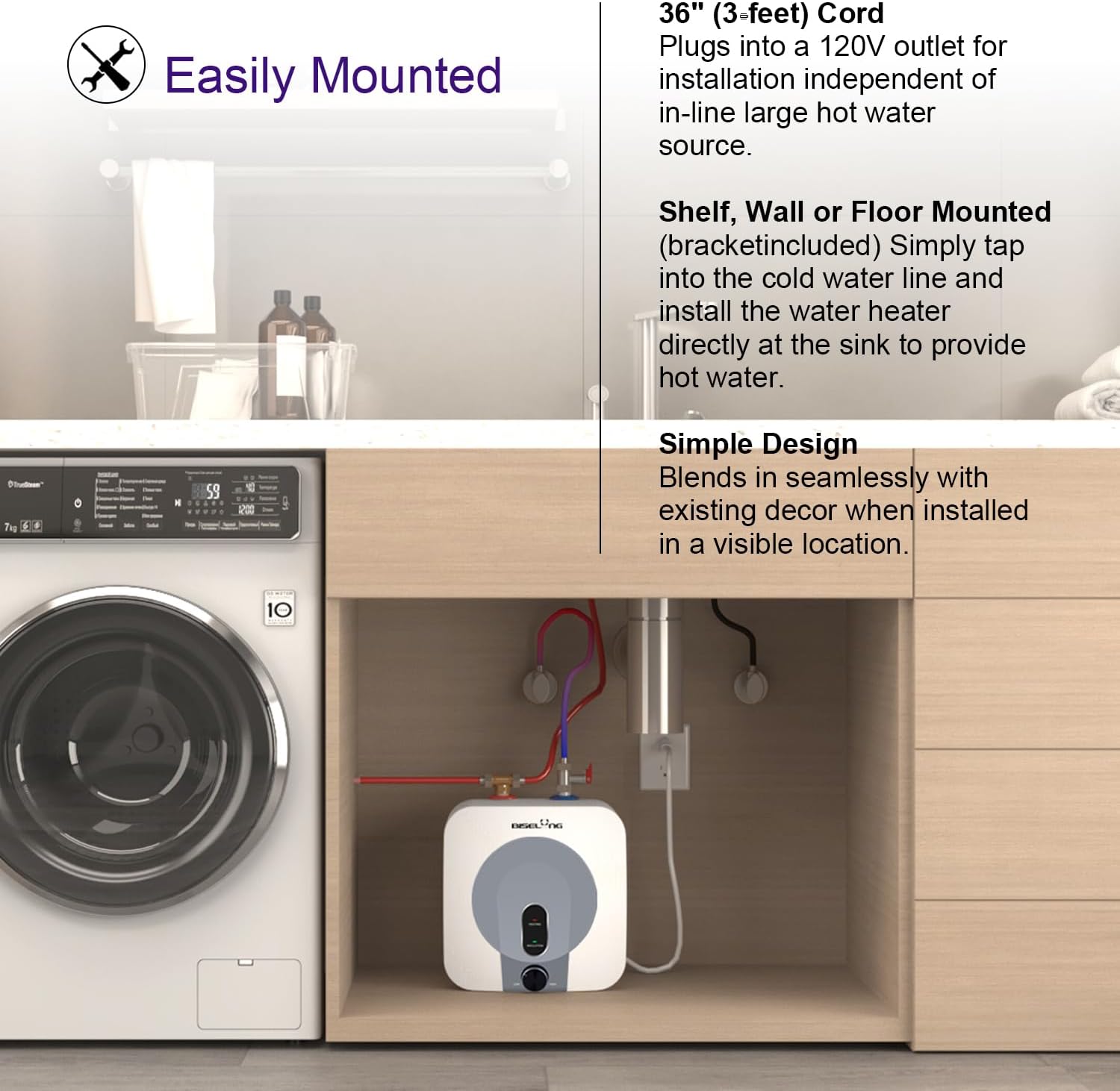 110V-120V 1440-1500W Small Under Sink Tank 2.5 Gallon Water Heater Hot Storage,Mini Instant Electric RV TR Trailer Kitchen Compact,Food Truck 2 PCs 16 Long 1 2 FIP Stainless Steel Hose (BI-2.5)5