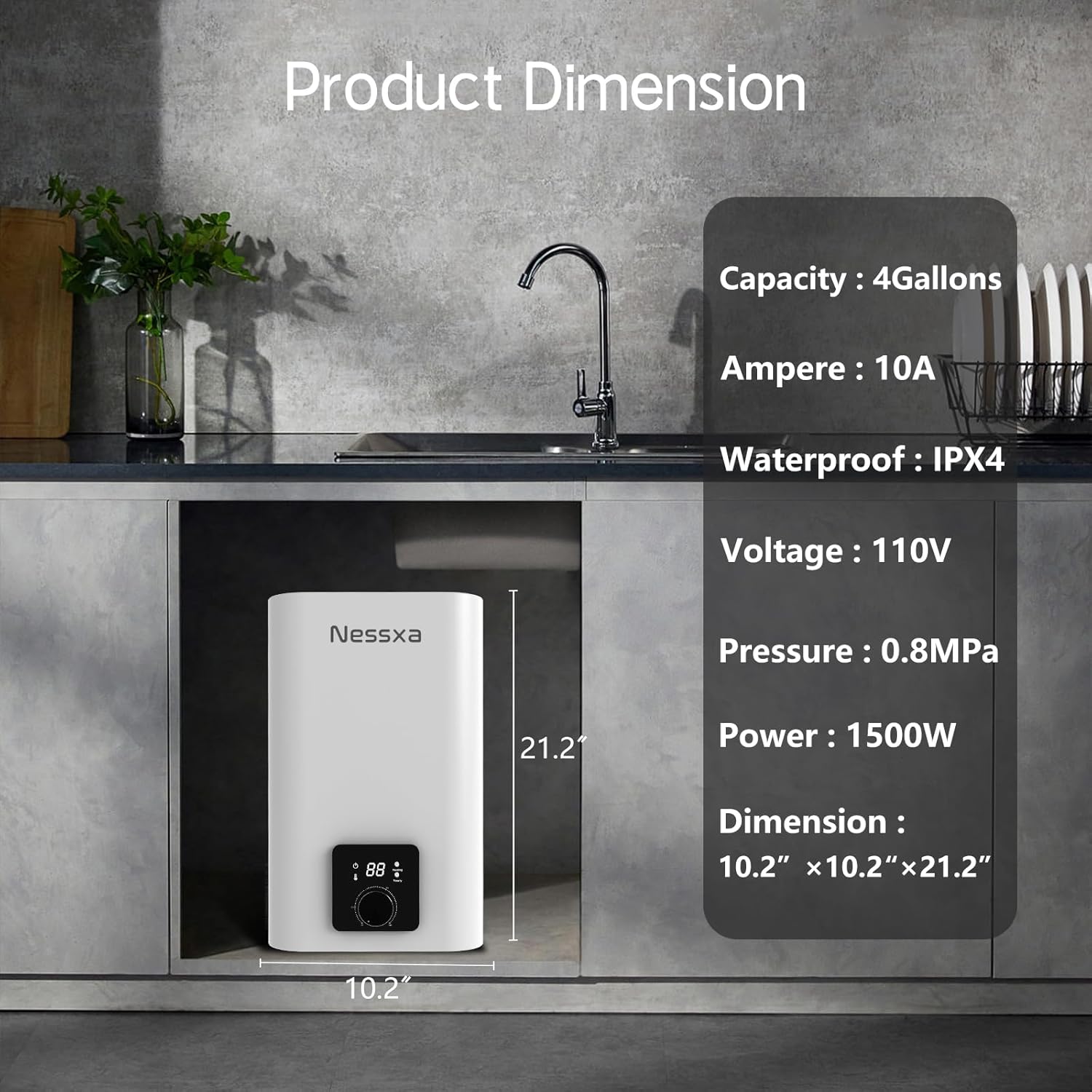 4 Gallon Electric Mini Tank Water Heater, 110V 1500W Instant Hot Water Heater, Compact Electric Storage Water Heater, Point of Use On Demand Under Sink Water Heater for Home Kichen Bathroom3