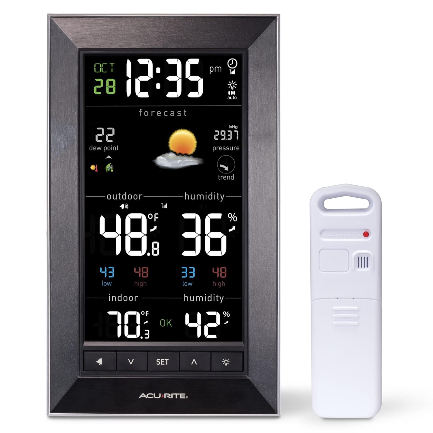 AcuRite Digital Vertical Weather Forecaster with Indoor Outdoor Temperature, Humidity, and Date and Time (01121M) , BLACK AcuRite Digital Vertical Weather Forecaster with Indoor/Outdoor Temperature, Humidity, and Date and Time (01121M) , BLACK