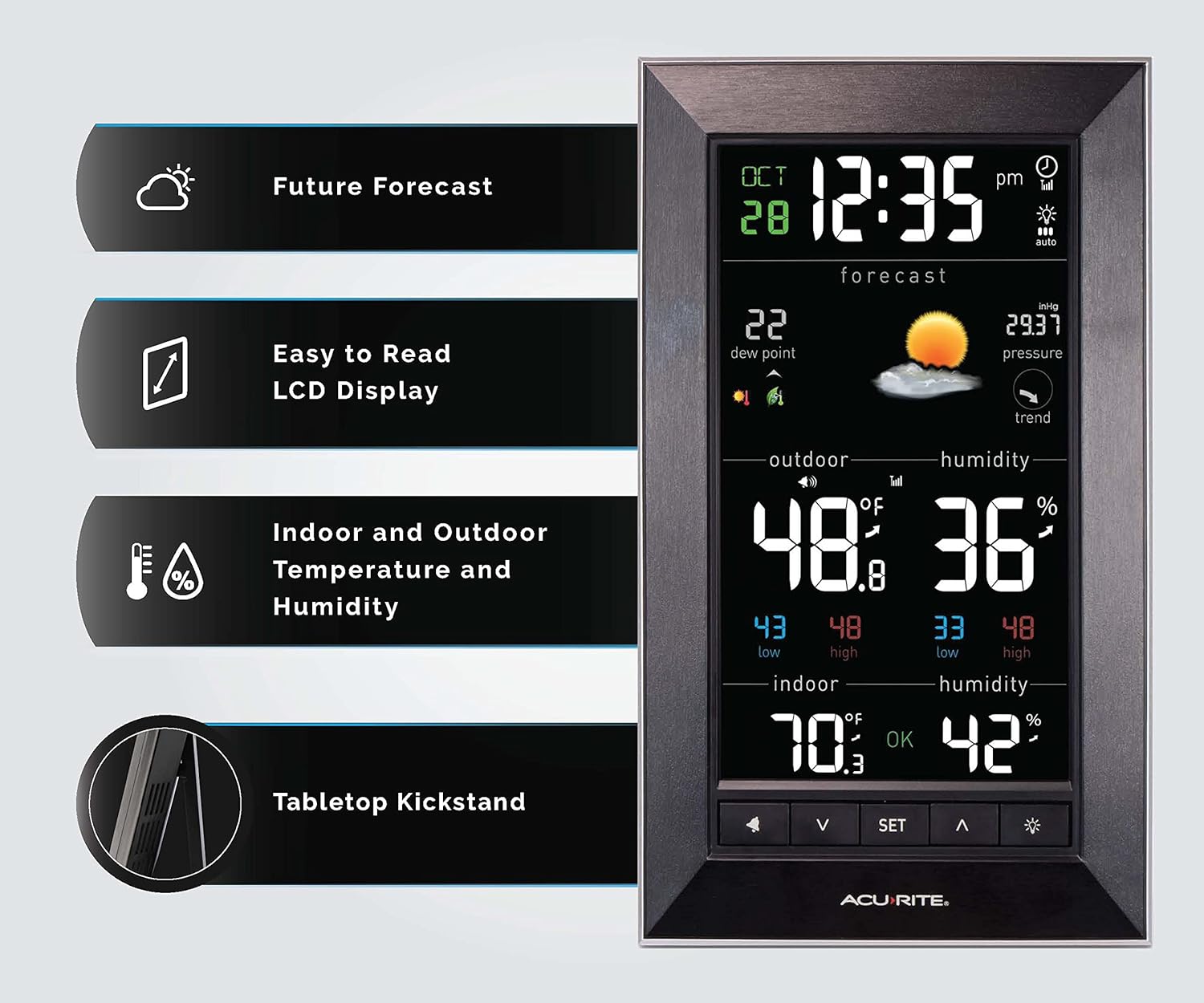 AcuRite Digital Vertical Weather Forecaster with Indoor Outdoor Temperature, Humidity, and Date and Time (01121M) , BLACK6
