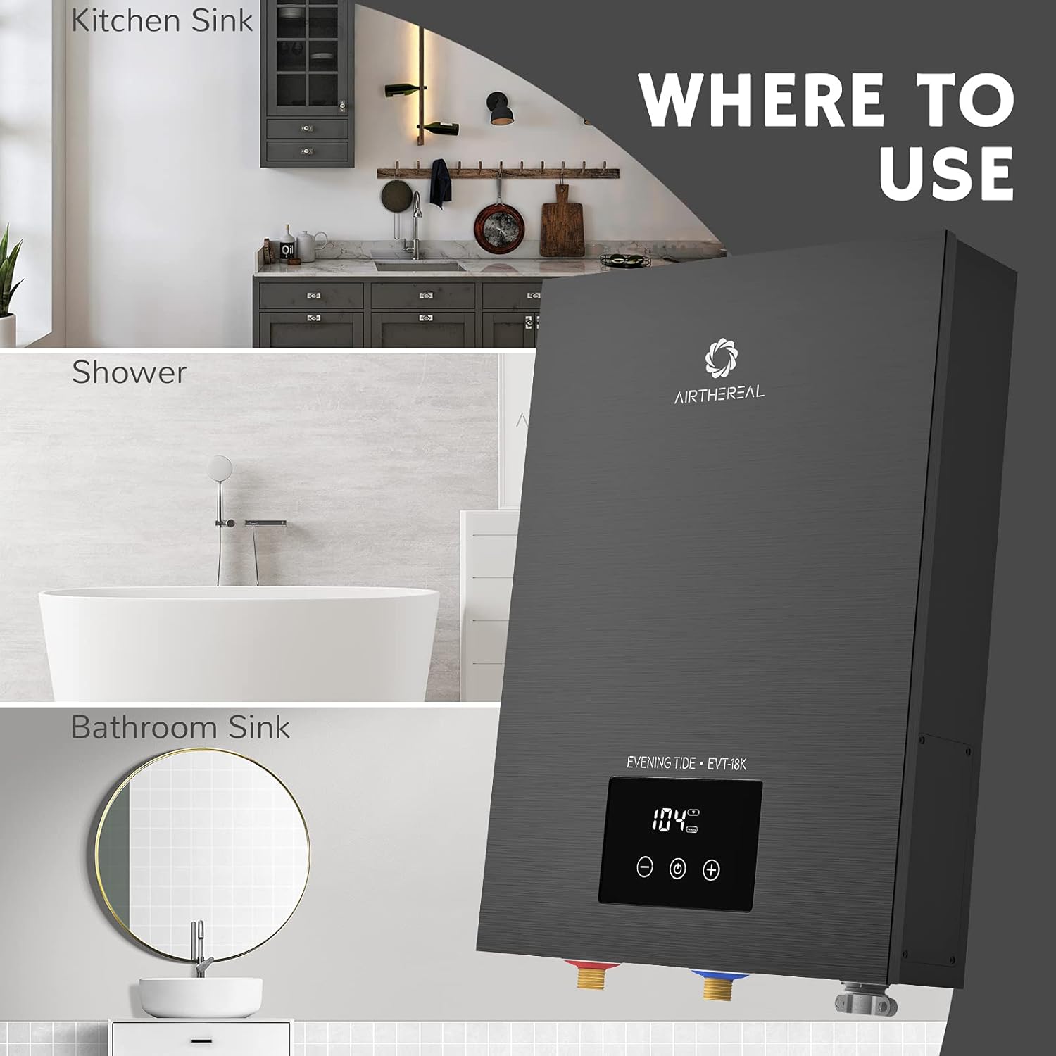 Airthereal Electric Tankless Water Heater 18kW, 240Volts - Endless On-Demand Hot Water - Self Modulates to Save Energy Use - Small Enough to Install Anywhere - for 2 Showers, Evening Tide series7