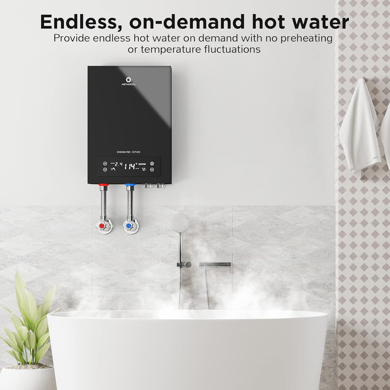 Airthereal Electric Tankless Water Heater, 27kW, 240Volts - Endless On-Demand Hot Water - Self Modulates to Save Energy Use - Small Enough to Install Anywhere - for 3 Showers, Evening Tide series`