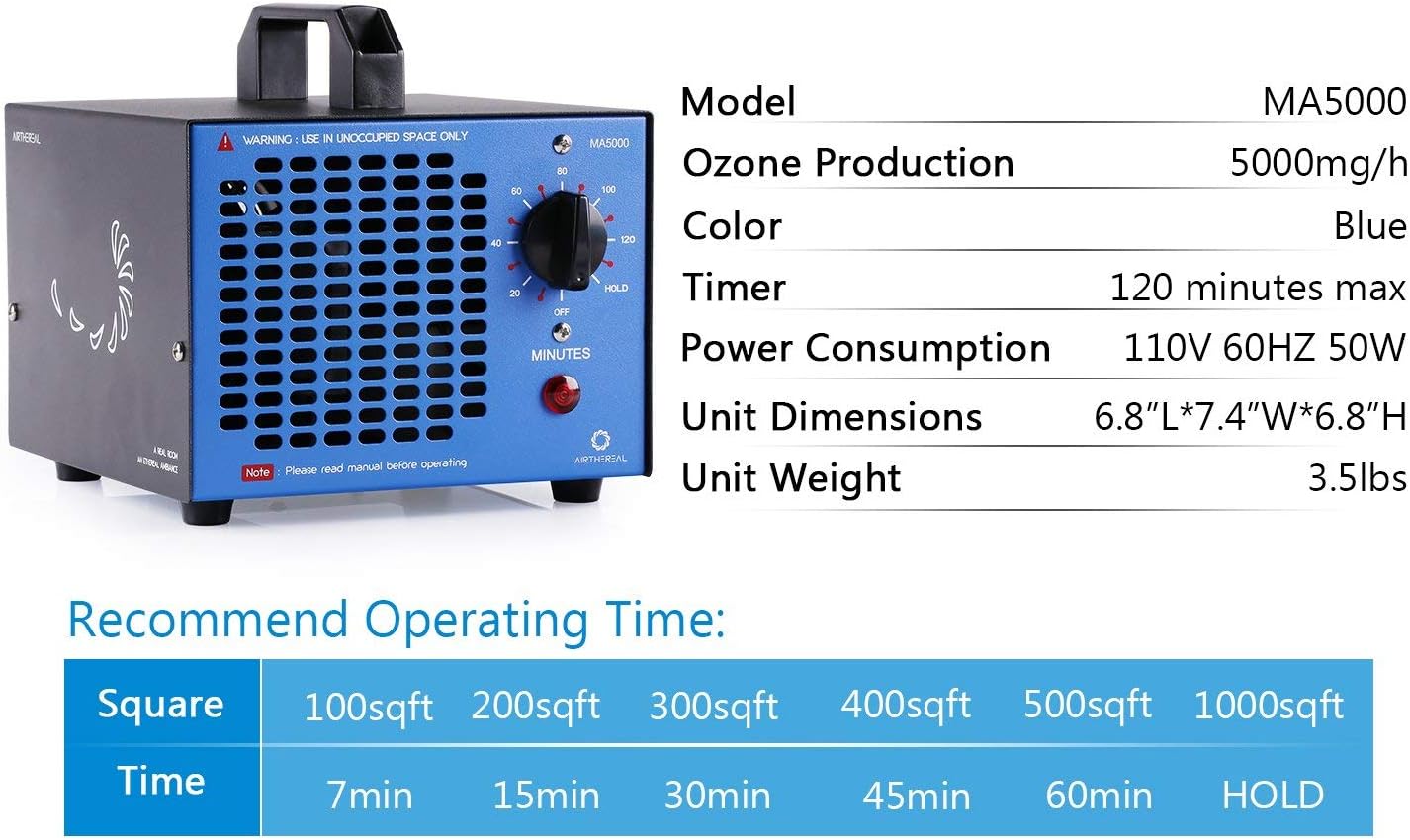 Airthereal MA5000 Commercial Ozone Generator, High Capacity Ozone Machine Odor Removal - Home Air Ionizers O3 Deodorizer for Rooms, Smoke, Cars and Pets, Eliminate Odors up to 2000sq.ft., Blue4