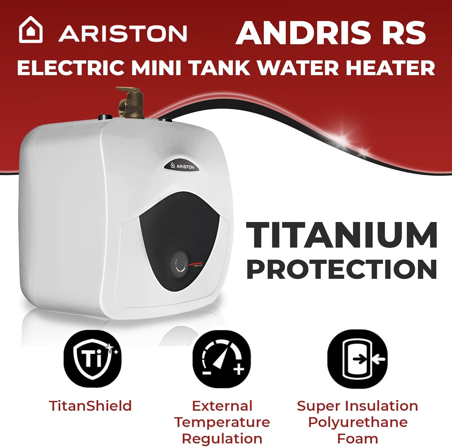 Ariston Andris Mini Tank Electric Water Heater – Heating Solution for Under Sink, RV, and Compact Spaces, Smart Boost for Versatile Heating, Simple Installation, 120-Volt, 2.5 Gallon Capacity0